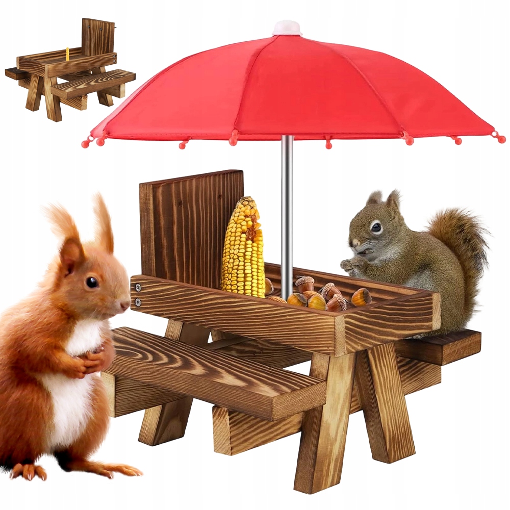 Levně Krmítko pro veverky s podavačem na zahradu, piknikový stůl s deštníkem
