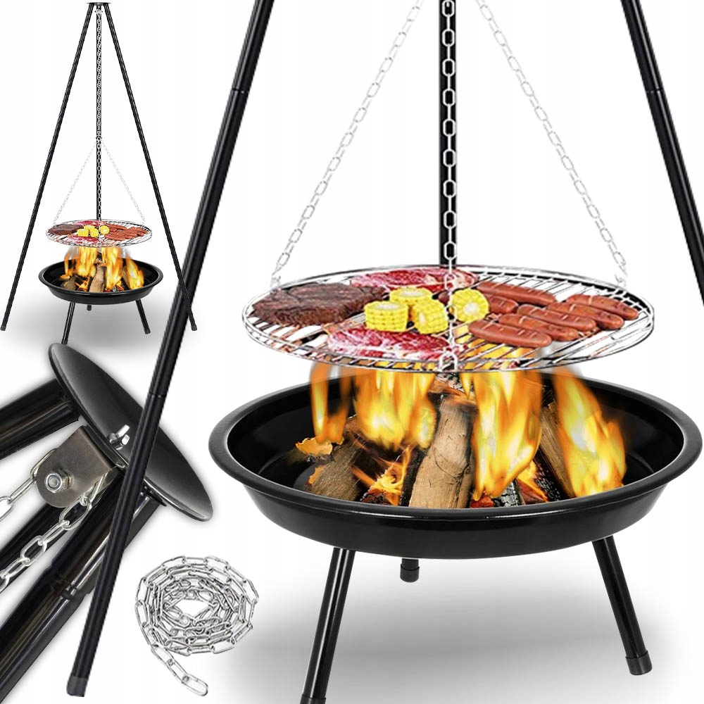 Grill Ogrodowy Trójnóg Palenisko Ruszt Nierdzewny Regulowany Podwieszany