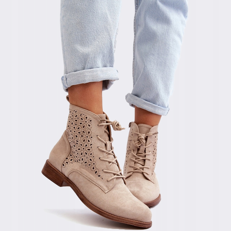 Botki Damskie Wygodne Modne Ażurowe Mocne Fajne Kowbojki Beżowe 37 Model HY66-136