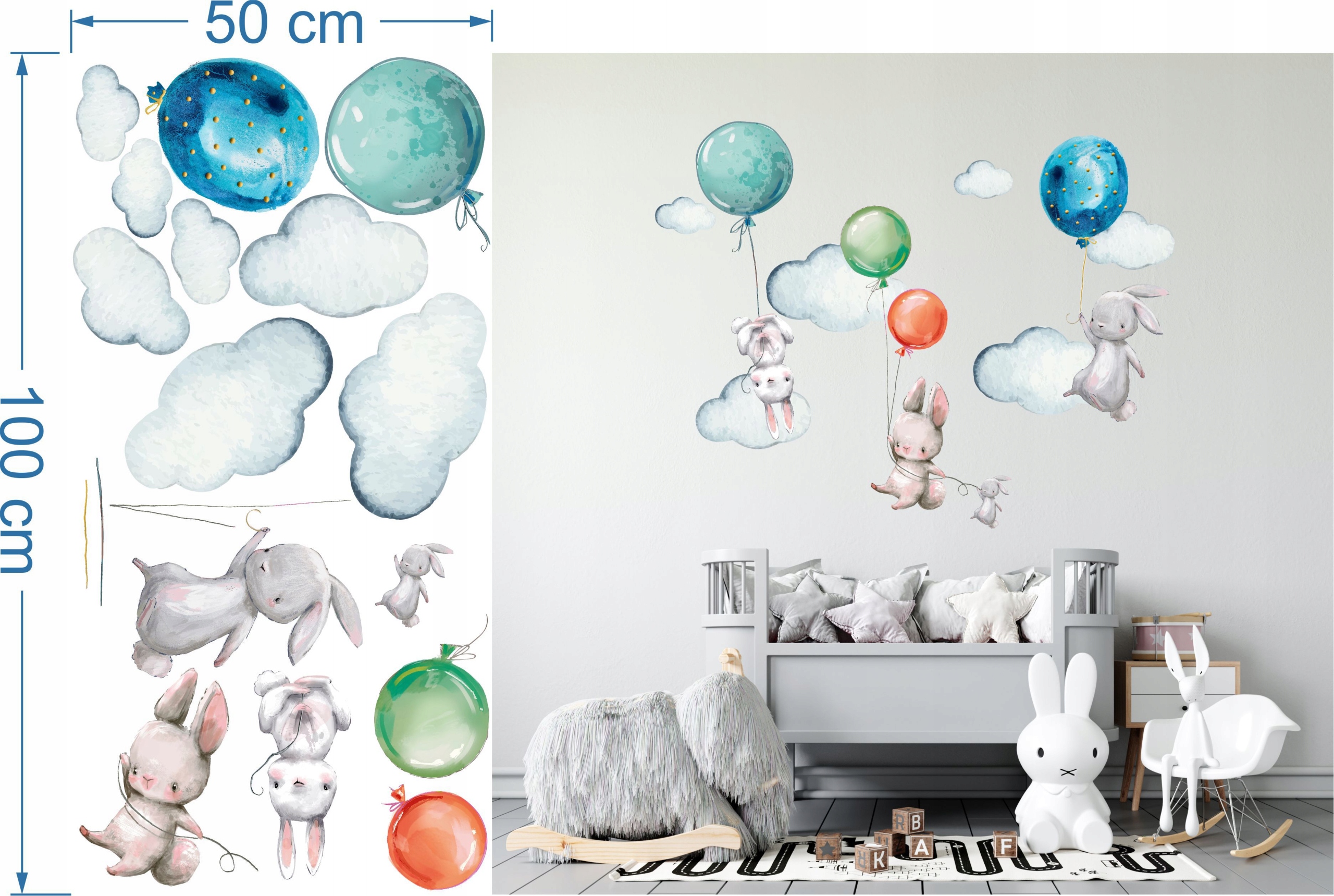 Naklejki na ścianę KRÓLICZKI CHMURKI BALONY dzieci Marka inna