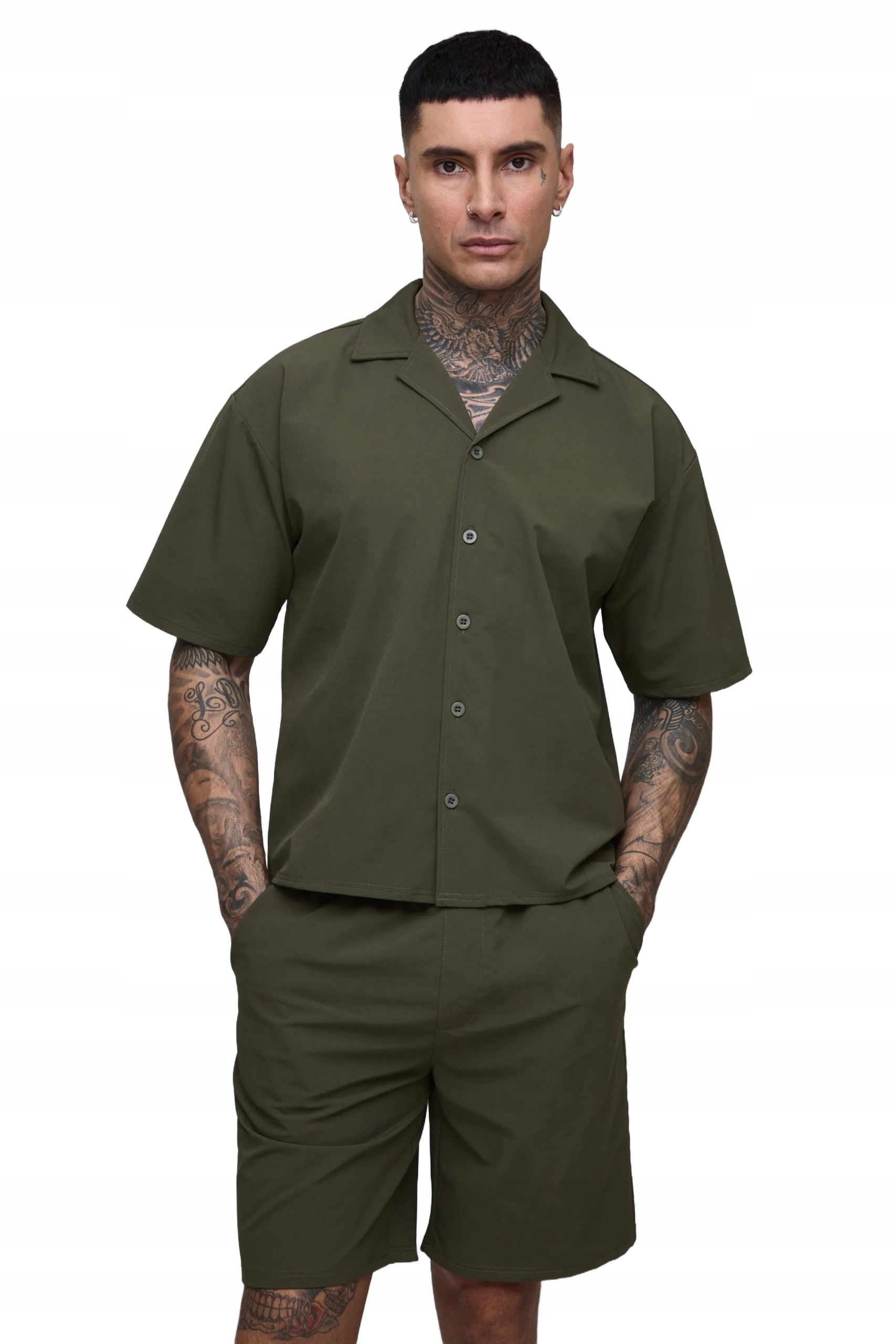 Boohooman Pánský Komplet Košile A Šortky Klasická Barva Zelená M Z3A