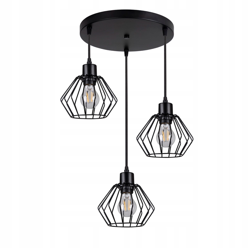 Lampa wisząca sufitowa zwis loft 3x klosz druciany diament czarna do Led