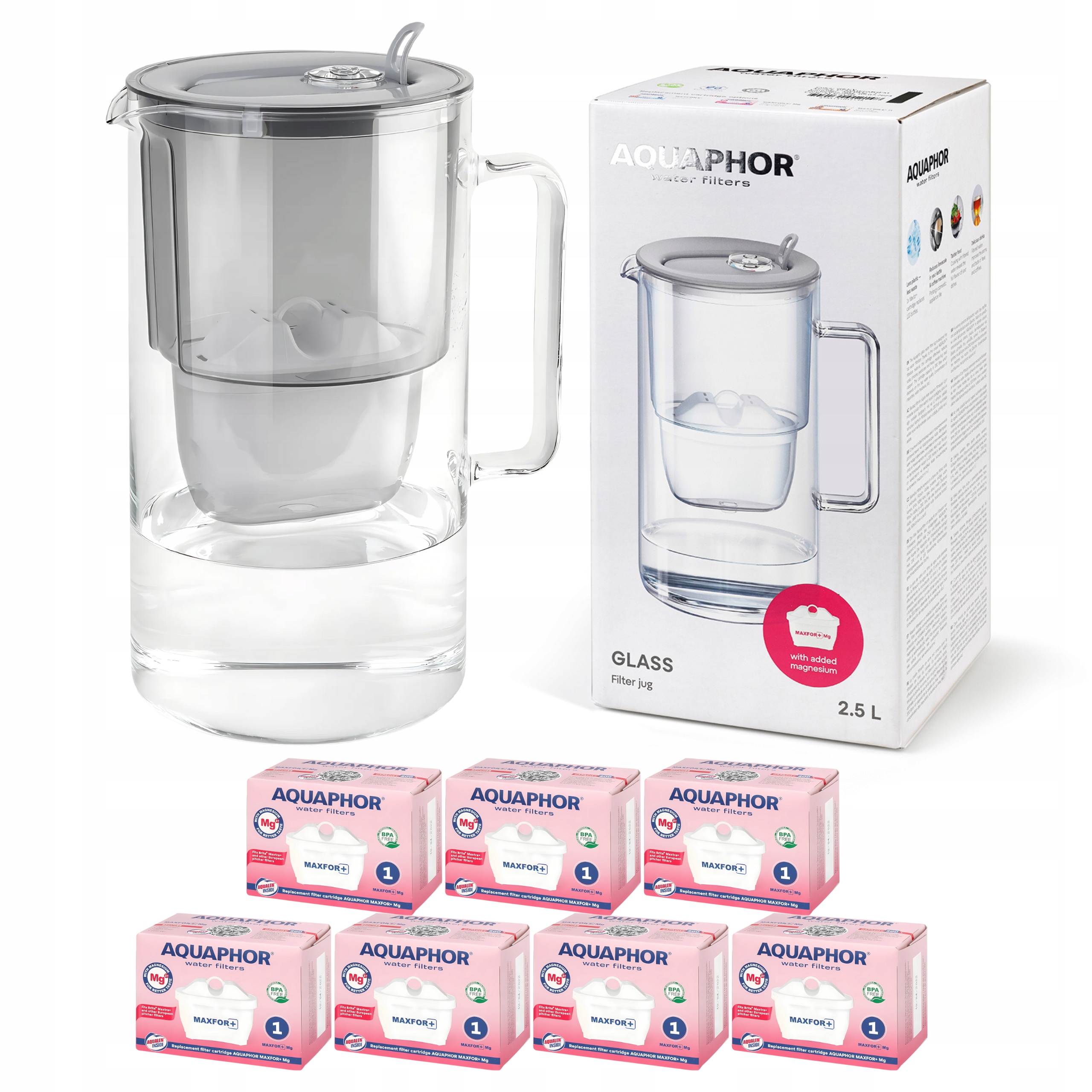 Filtrační konvice skleněná Aquaphor Glass Šedá 7 filtračních vložek Maxfor