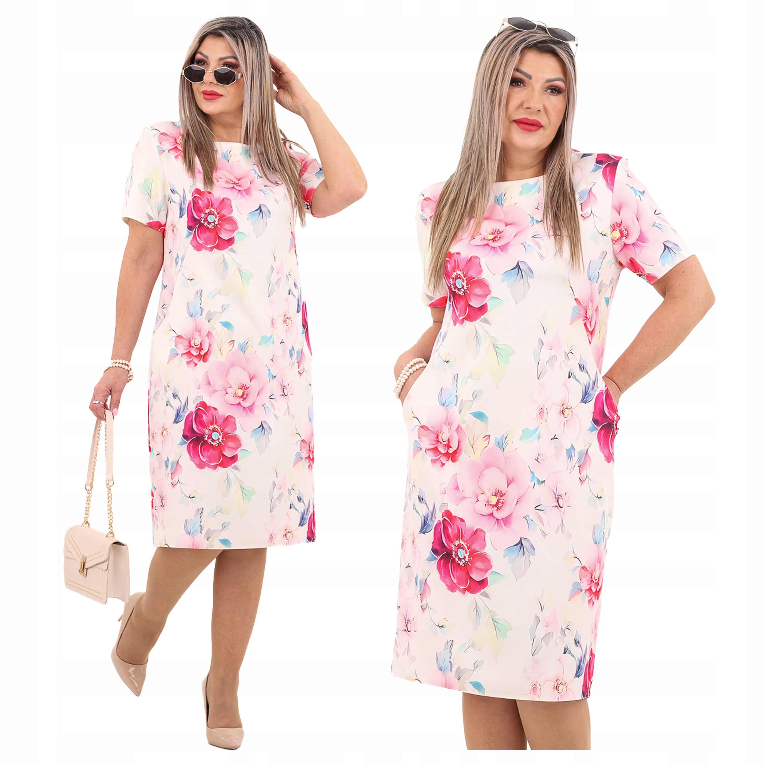 Sukienka z kieszeniami na wesele wzorzysta Polski Producent duże rozmiary