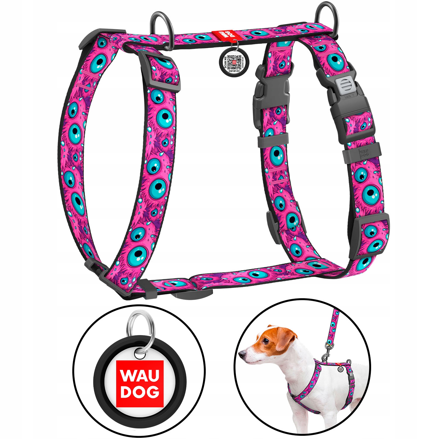 Levně Anatomické postroje pro psa Qr Adresář Bonus, kresba Oko monstra, velikost L