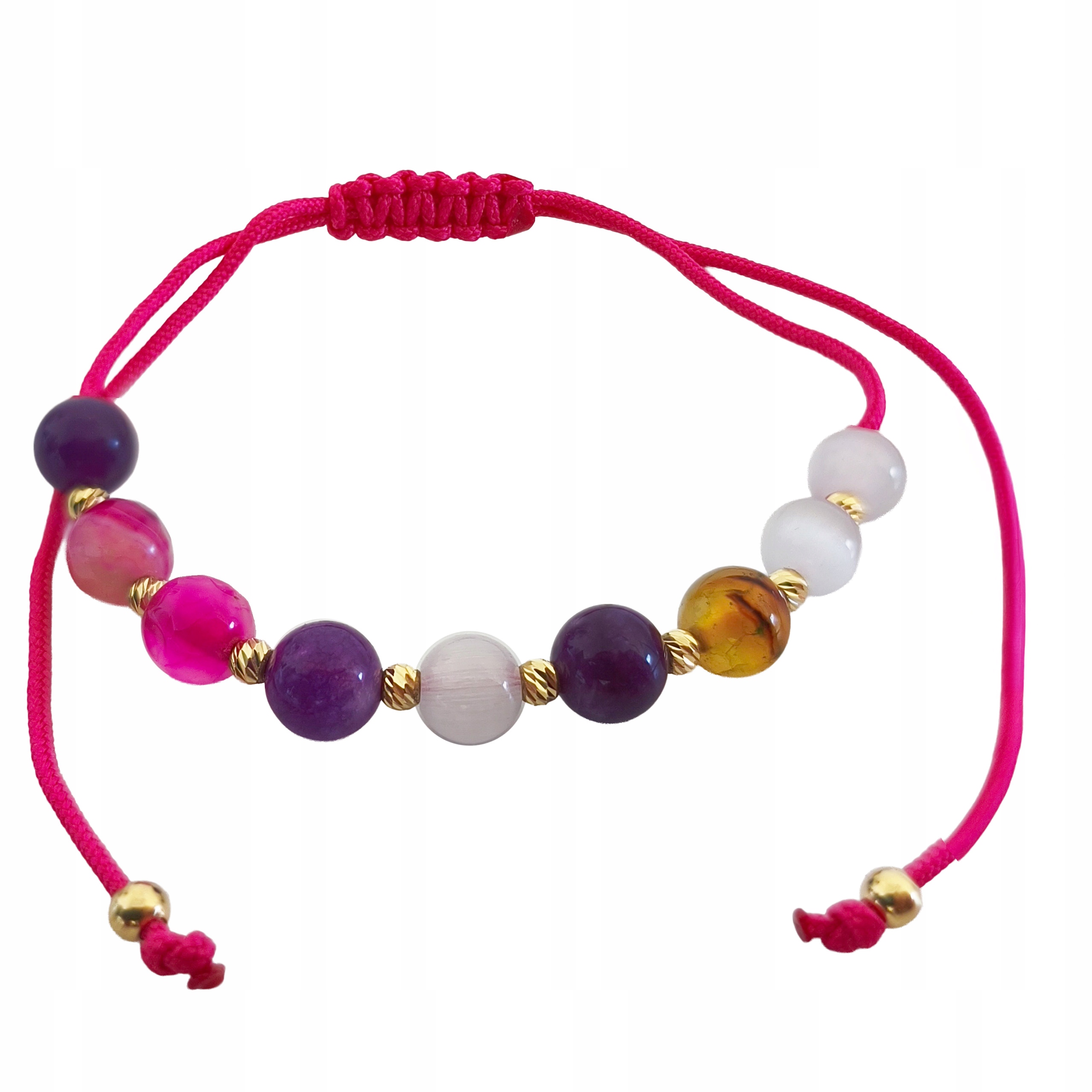 Zlatý provázkový náramek 585, růžová šňůrka s velkými kuličkami