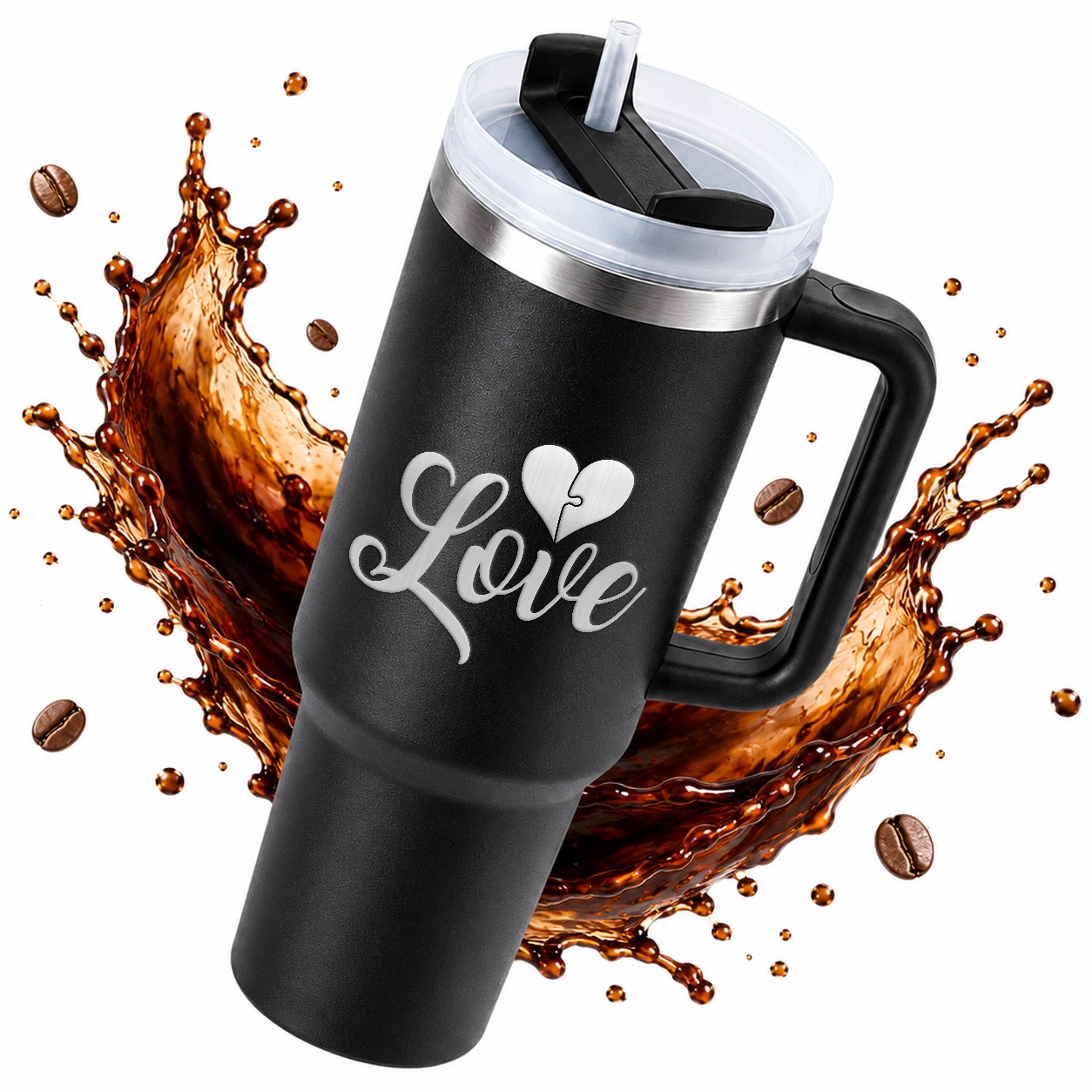 Termohrnek Velký 1,2 L Na Kávu Slámka Gravírování Love Valentýn Černý