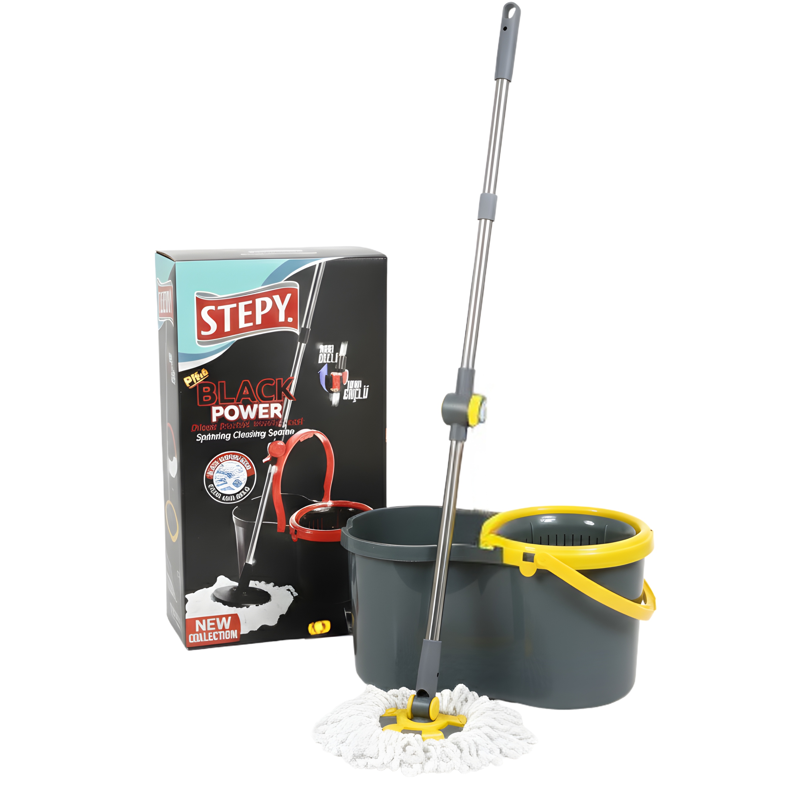 Levně Sada rotačního mopu Stepy Black Power – kbelík se ždímačem