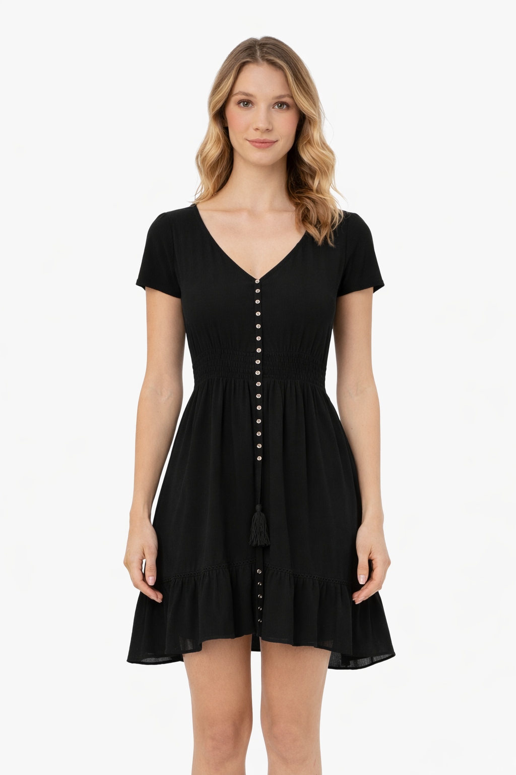 Černé Šaty S Volánkem A Knoflíky, Velikost 1I4A