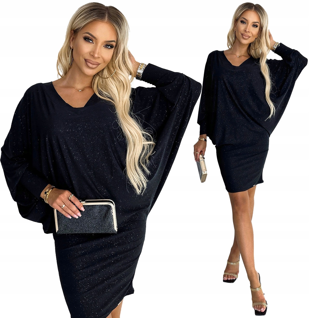 Módní Šaty Netopýr Z Elastického Materiálu Černá Se Třpytkami 2XL/3XL