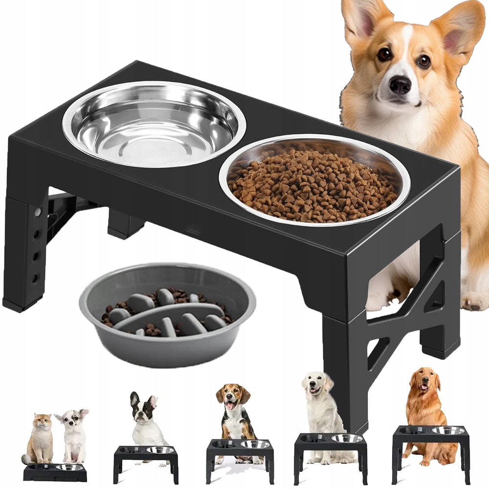 Levně Misky Na Nastavitelném Stojanu, Dvojitá Miska, Velká, Neskřípavá, 3V1 Pro Psa