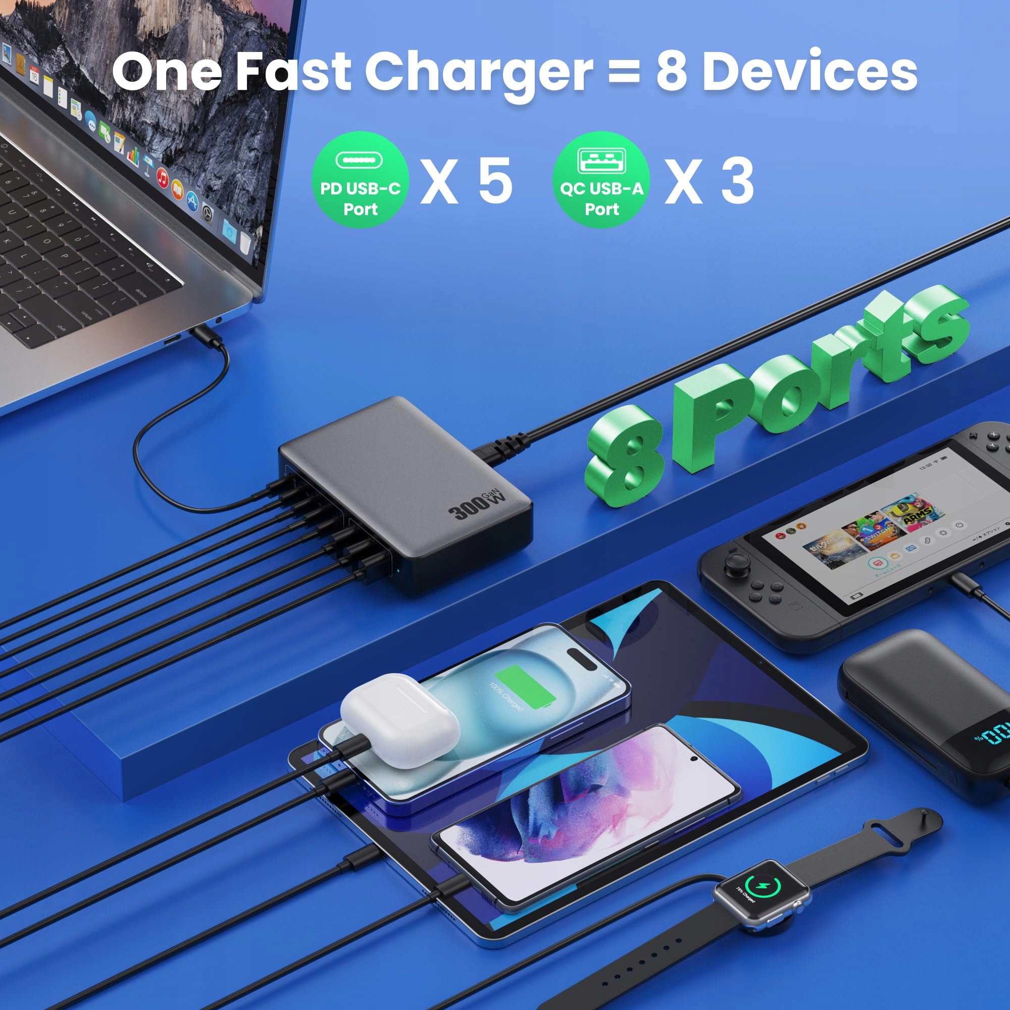 CHARGERPRO Stacja Ładowania USB 300W 8 Portów 5 USB-C 3 USB-A — miniatura 2