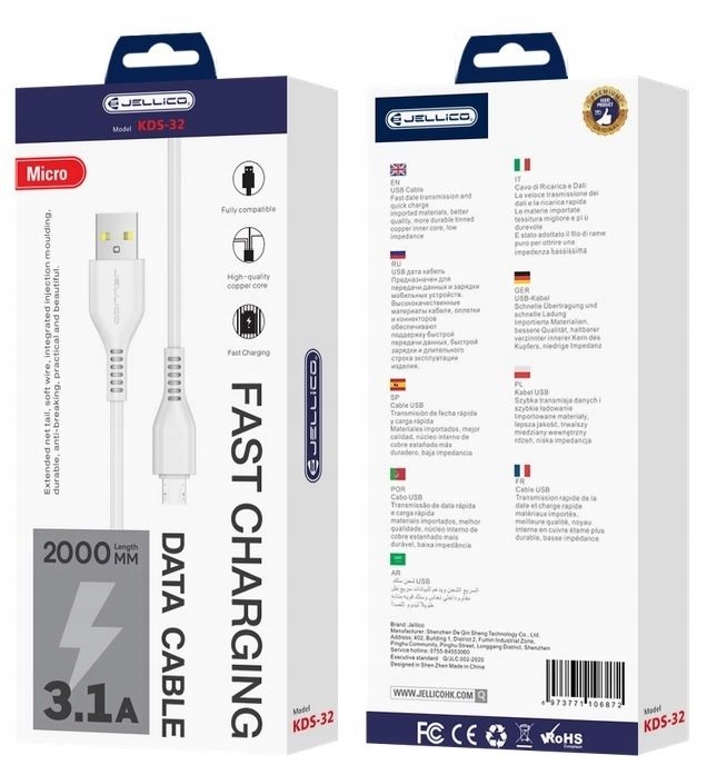 Szybki Kabel 3.1 A PD USB na MicroUSB Ładowarki Quick Charge 2m JELLICO Złącza USB - microUSB typ B