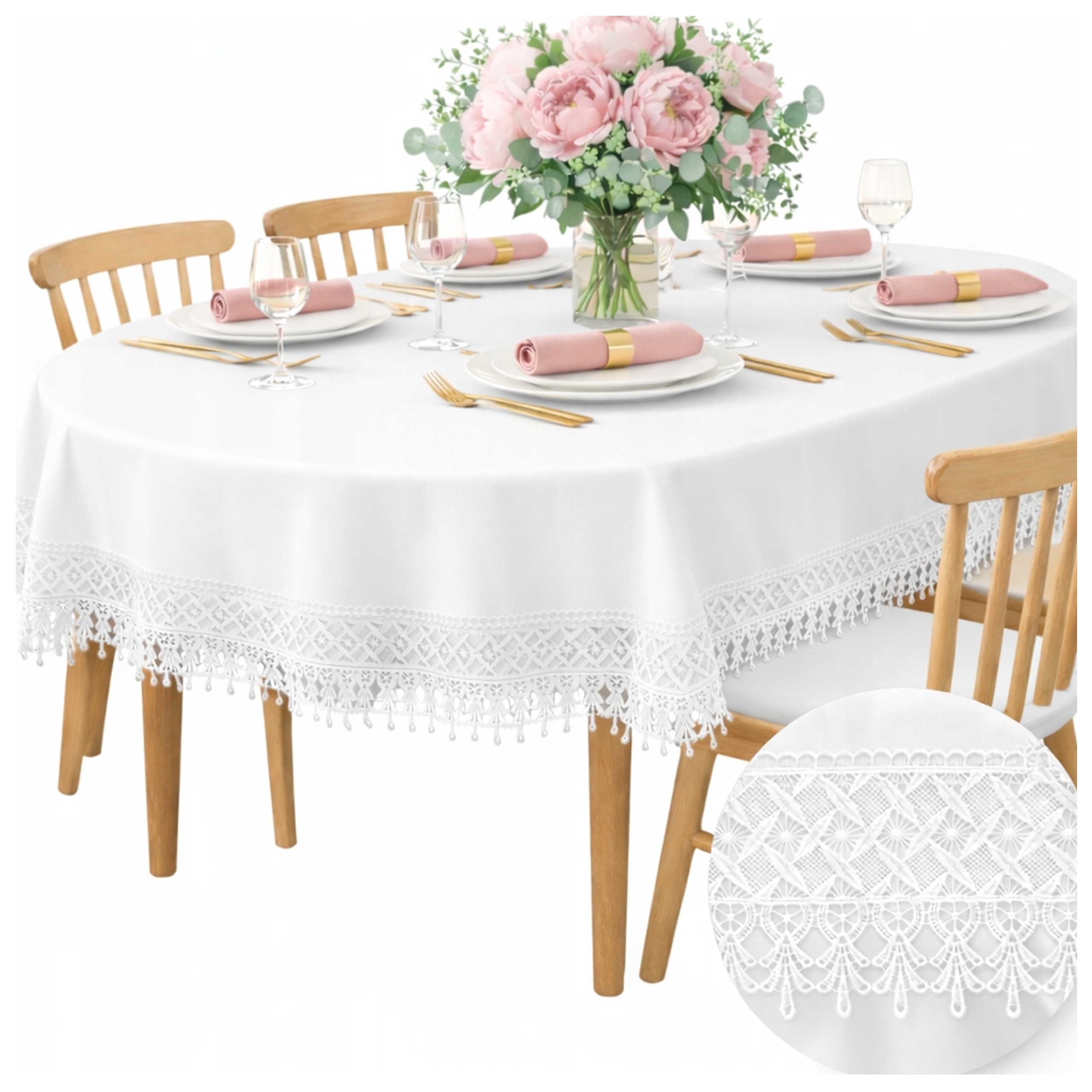 Oválný ubrus na stůl Elegantní Bílý Hladký na Vánoce s krajkou 110X160