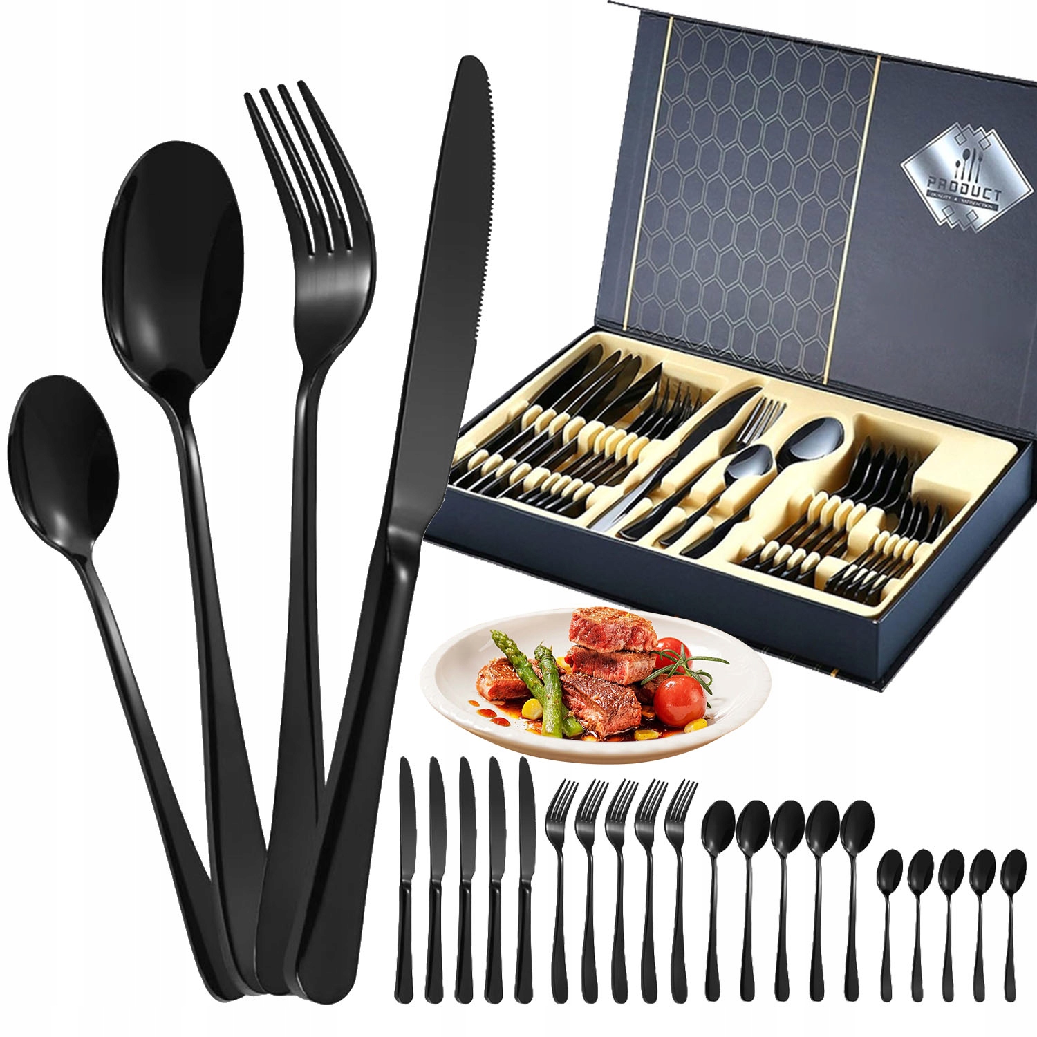 Příbory Sada 24 Příborů Nerezová Ocel Premium Kuchyňská Černá