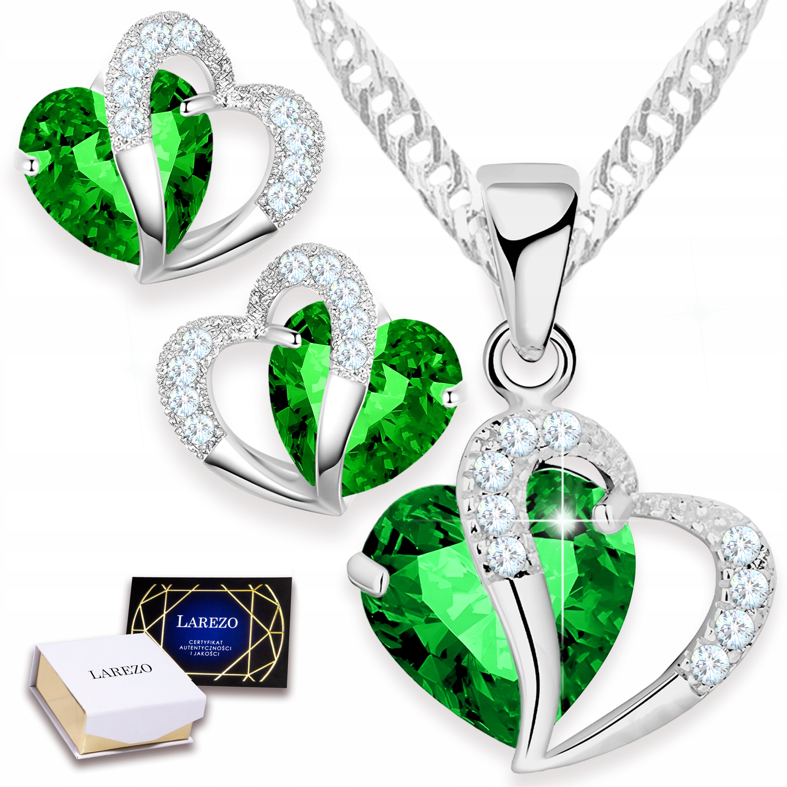 Sada stříbrných šperků – náhrdelník a Náušnice se zelenými křišťálovými srdíčky