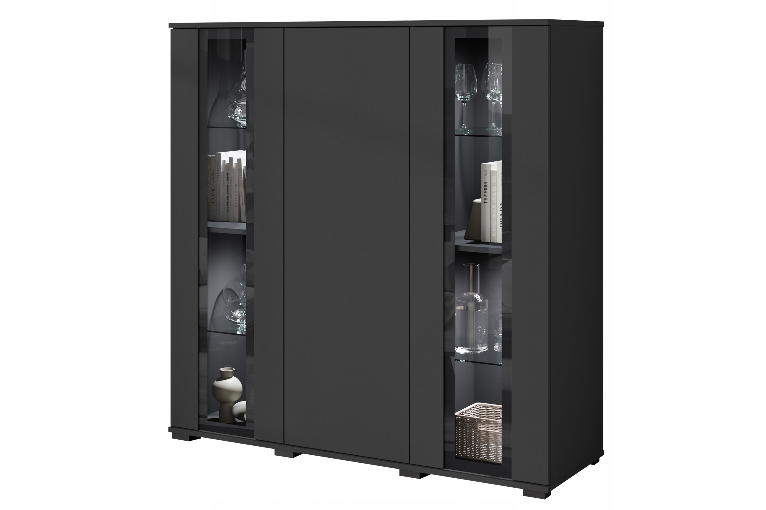 Moderní vysoká vitrína do obývacího pokoje 120 s prosklením, černá matná s Led