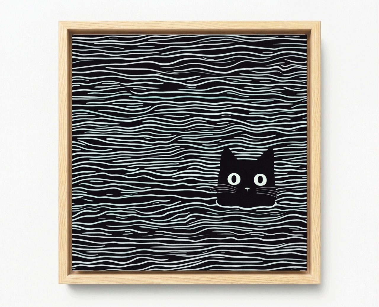 Obraz Rám Americký Box Grafika Minimalismus Vlny Černý Bílý B&w Kočka 50x50