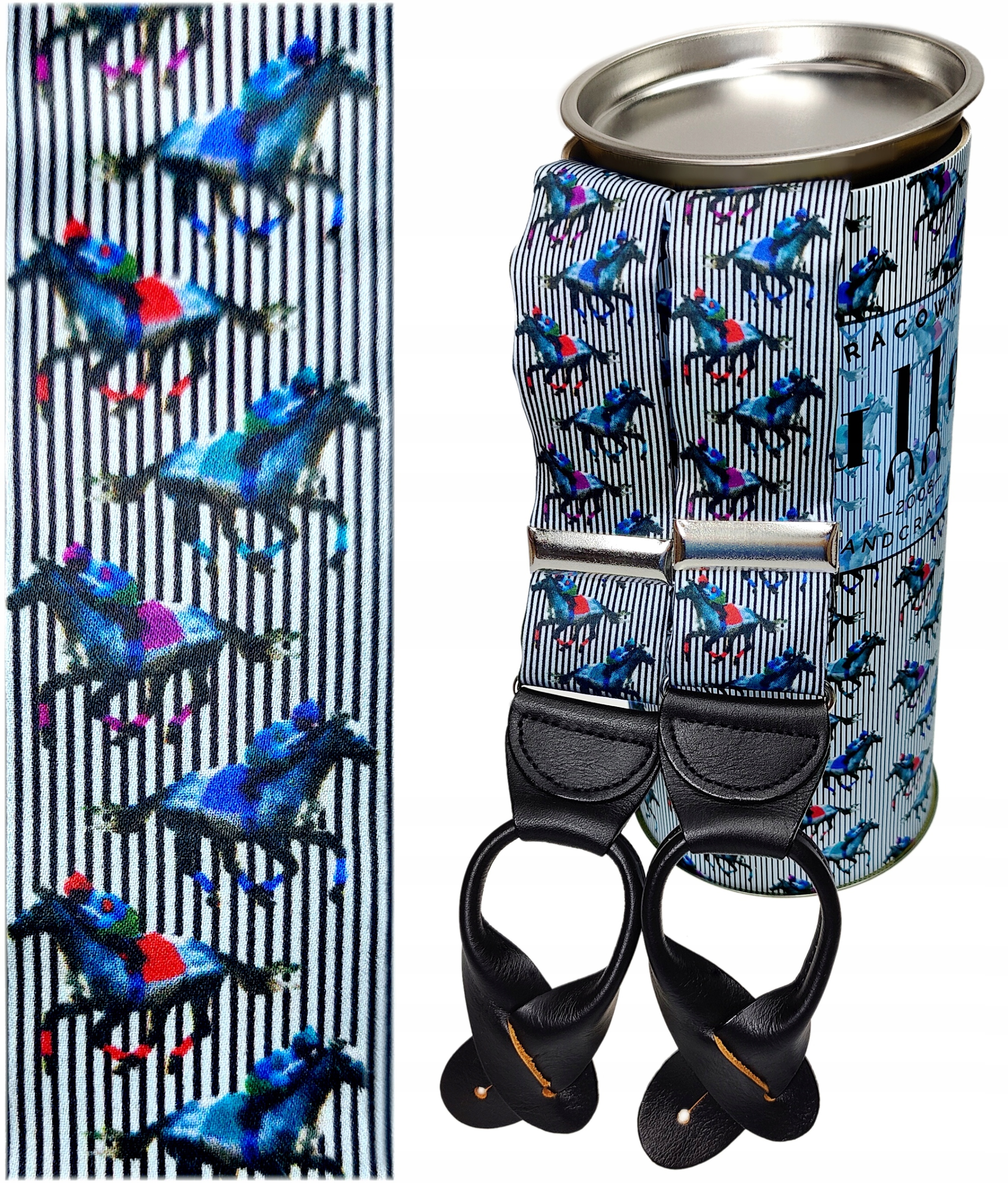 SZELKI NA GUZIKI JEDWAB NIEBIESKI PASY MOTYW DERBY