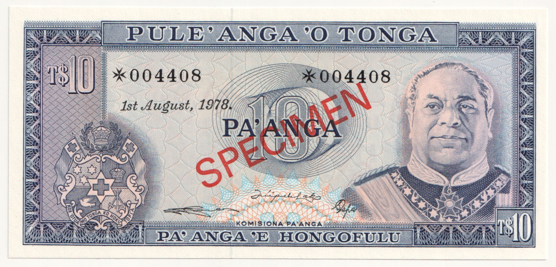 17.dir.Tonga, 10 Pa'anga 1978 Specimen, St.1