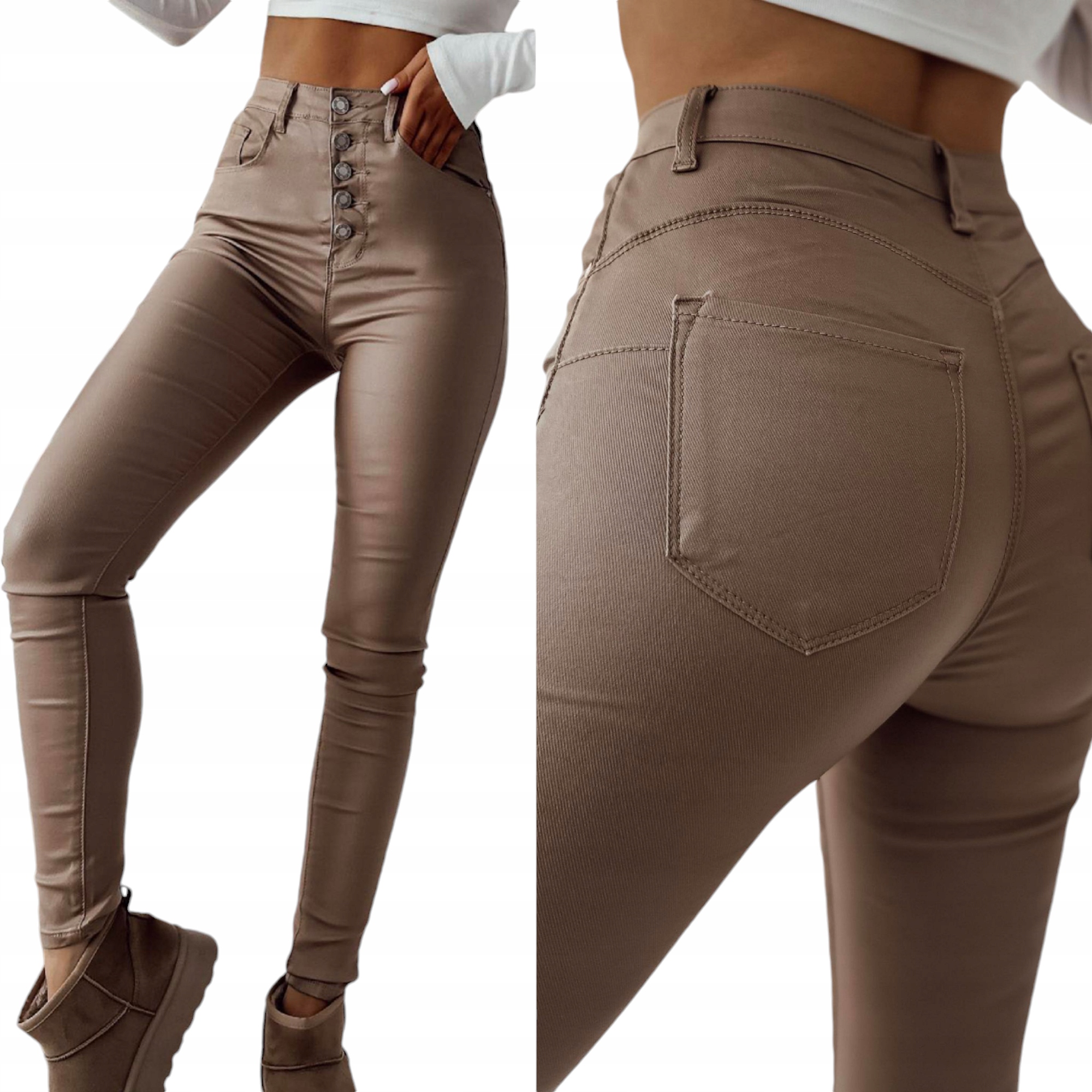 Dámské voskované kožené kalhoty Push-up s vysokým pasem knoflíky béžová 48/4XL