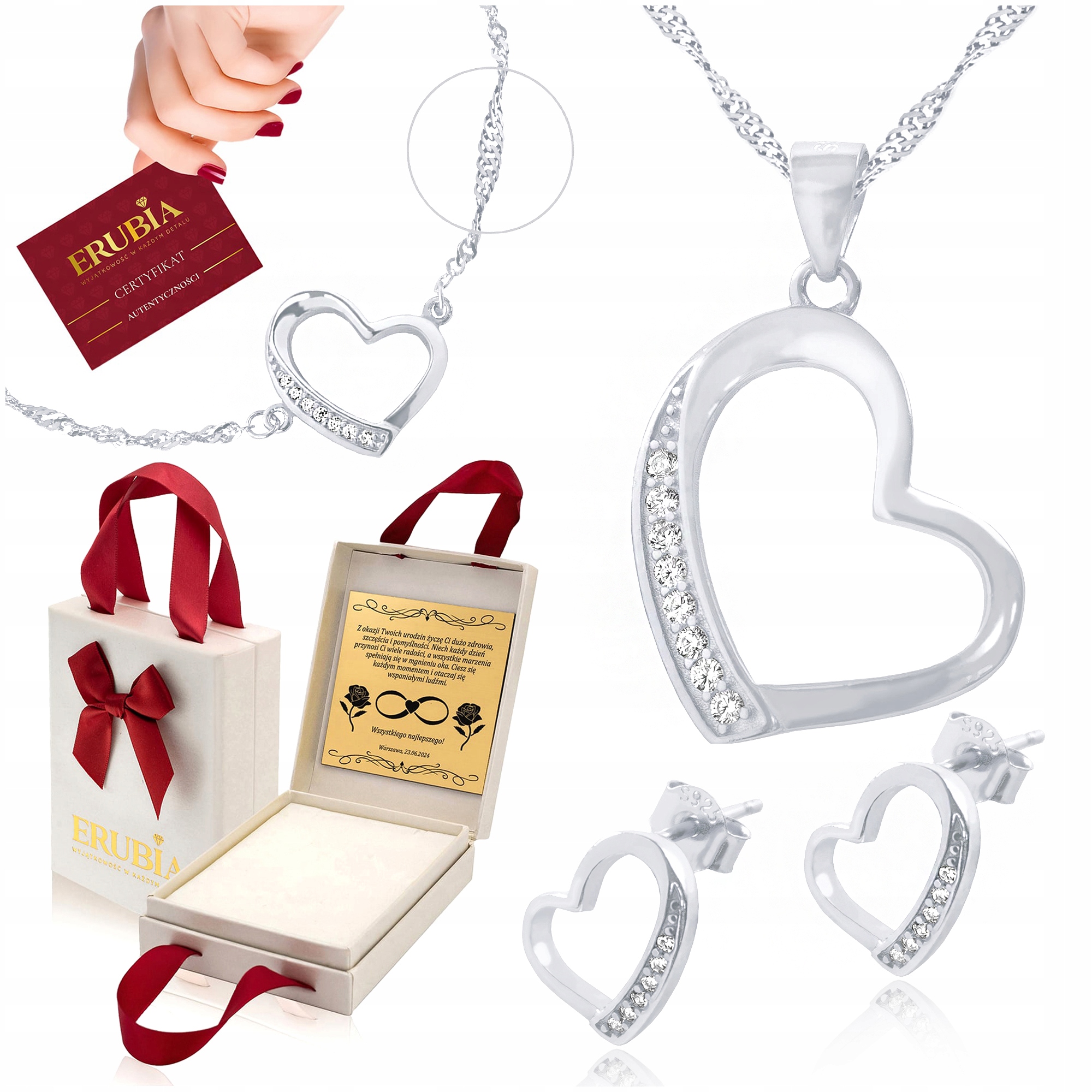 Elegantní Sada Stříbrných Šperků 925 Srdce S Zirkony 75 CM, Dlouhá