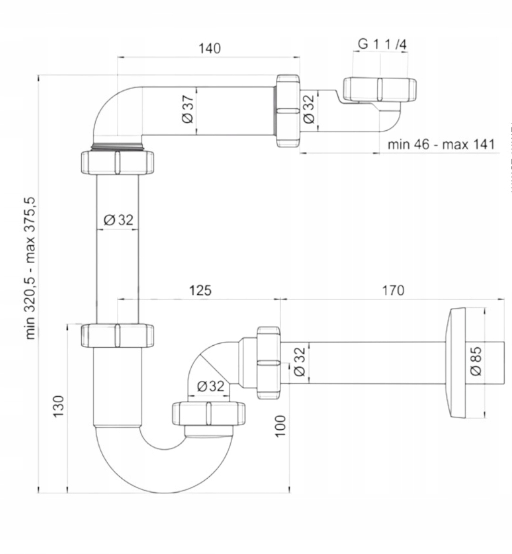 Syfon umywalkowy rurowy bez spustu 32 mm oszczędzający miejsce Marka bez marki
