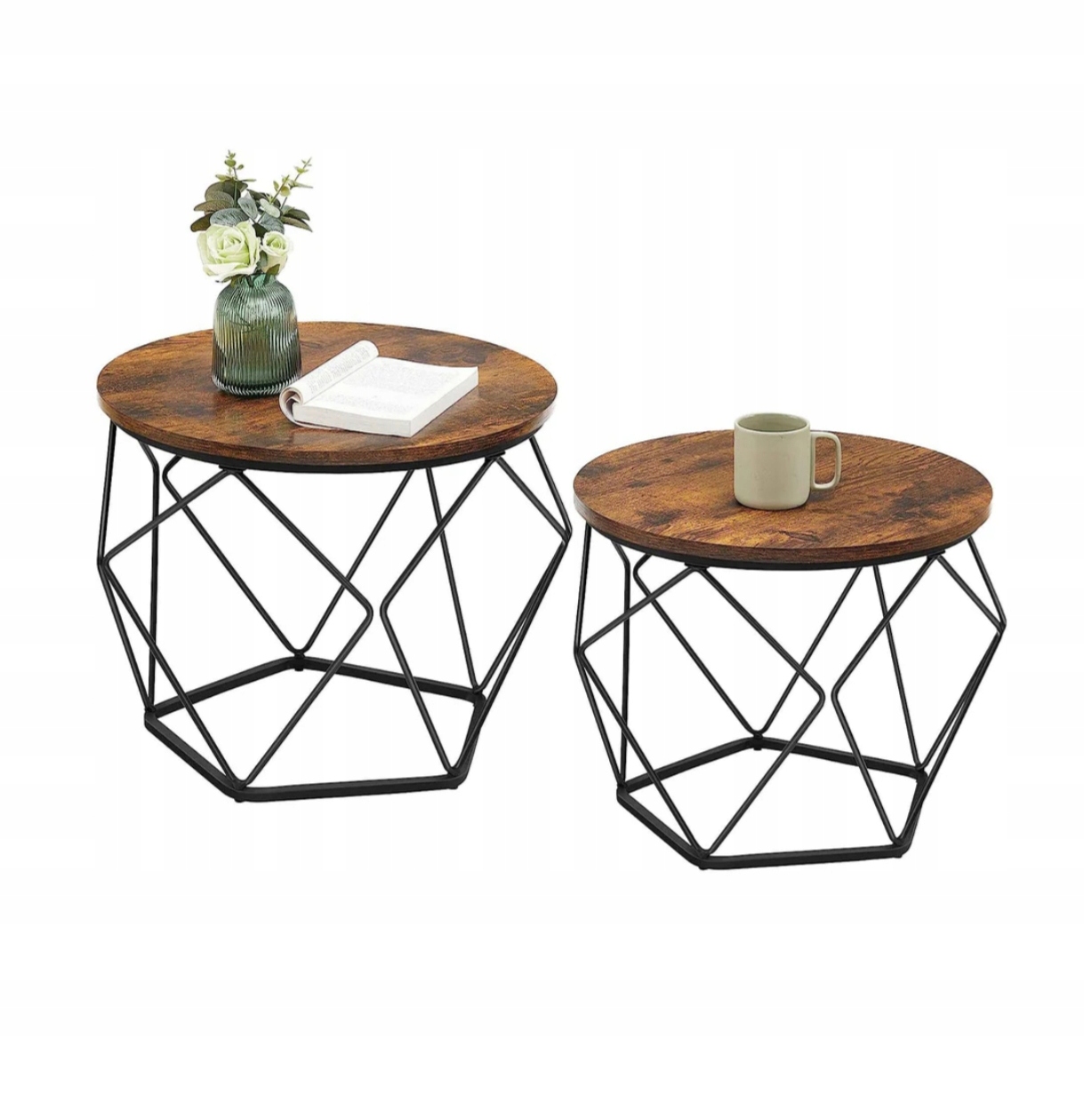 Kávový Stolek Sada 2 Kusů Kulatý Rustikální Loft Kovový Rám
