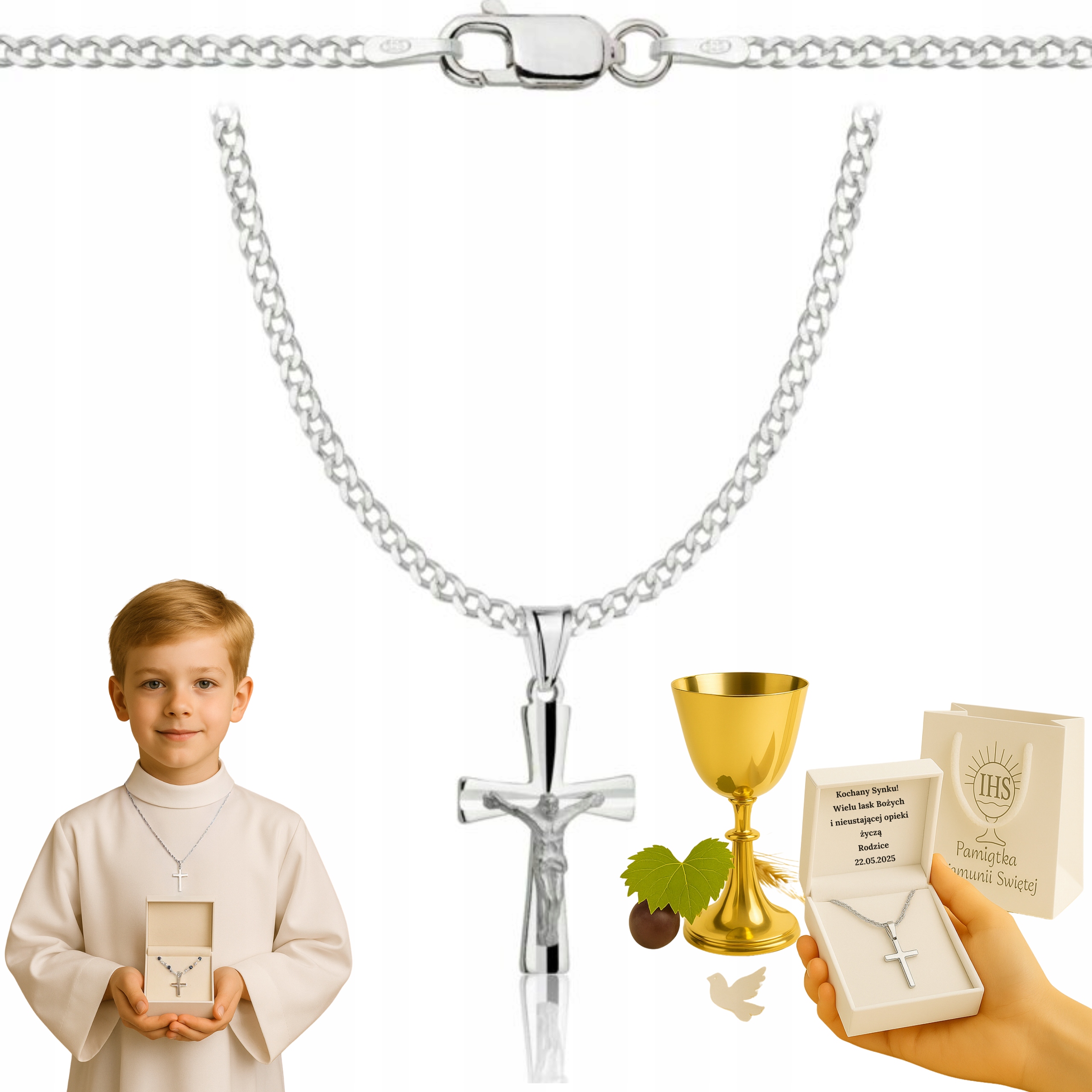 Stříbrný Řetízek K Přijímání S Křížem Pr 925 Gravírování K Prvnímu Svatému Přijímání Bonus