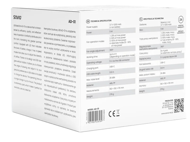 Wentylator biurkowy USB SAVIO AD-01 Kod producenta SAVAD-01