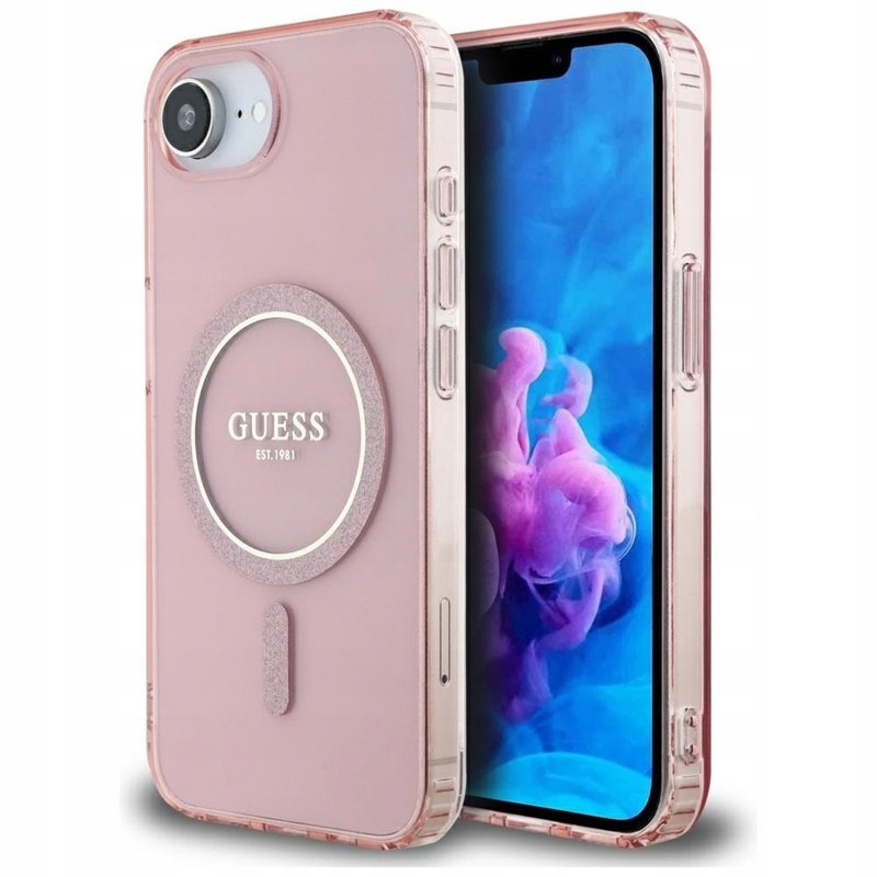 Guess IML Glitter Circle MagSafe – Pouzdro pro iPhone 16e (růžové)