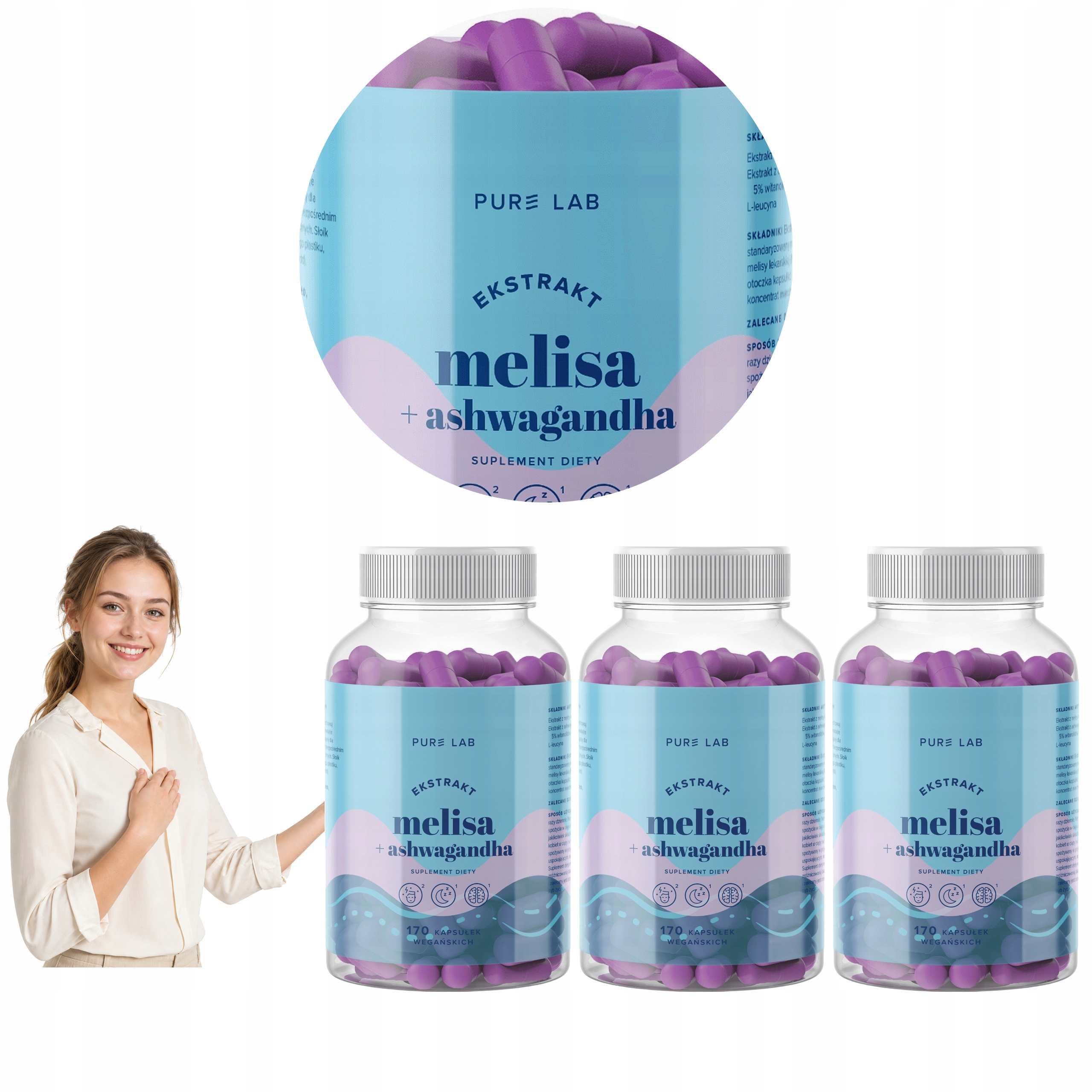 3x Pure Lab Ekstrakt Melisa 150 mg Ashwagandha Melissa Officinalis 170 kaps