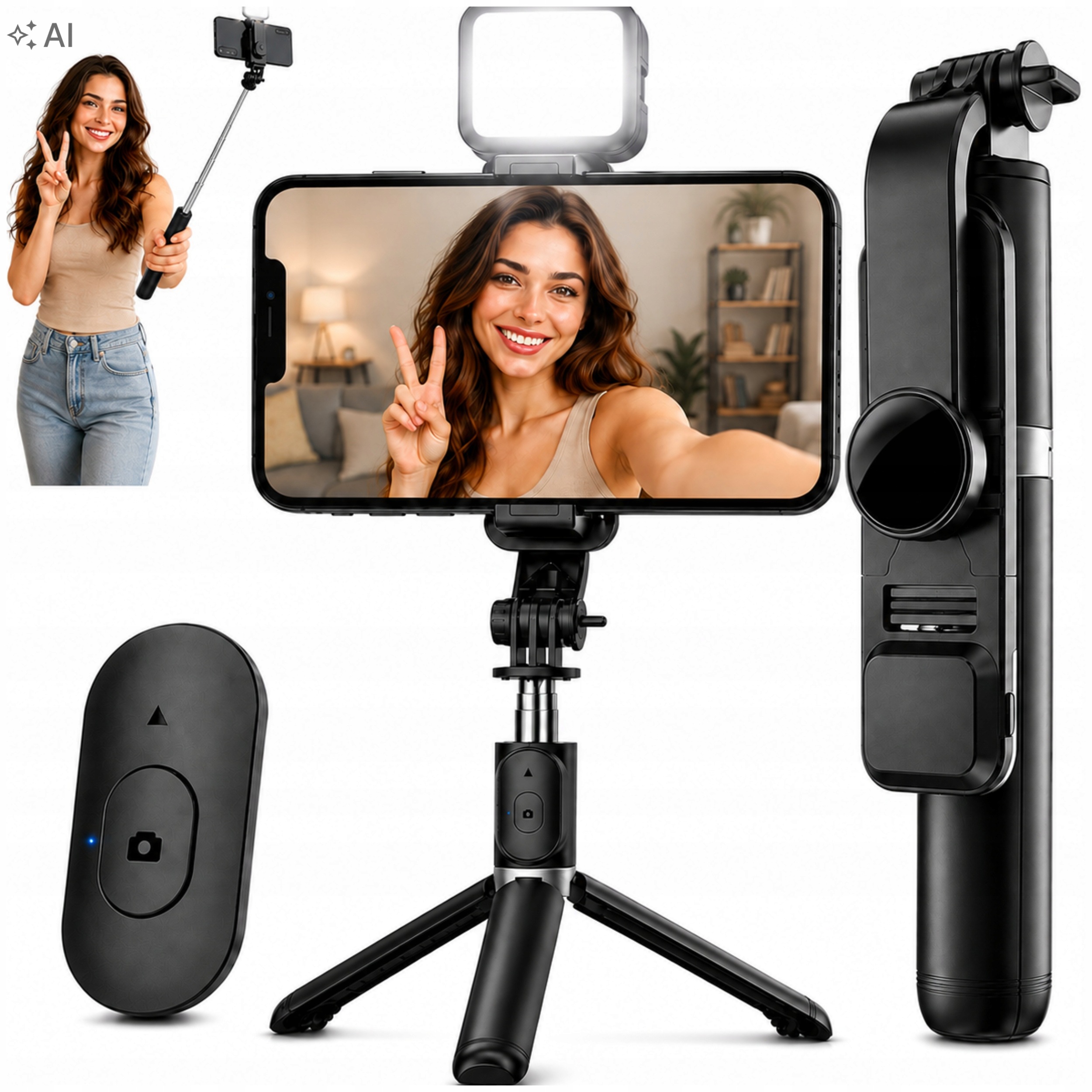 Kijek do Selfie Stick z Lampą Led Statyw Do Telefonu Tripod Pilot Bluetooth