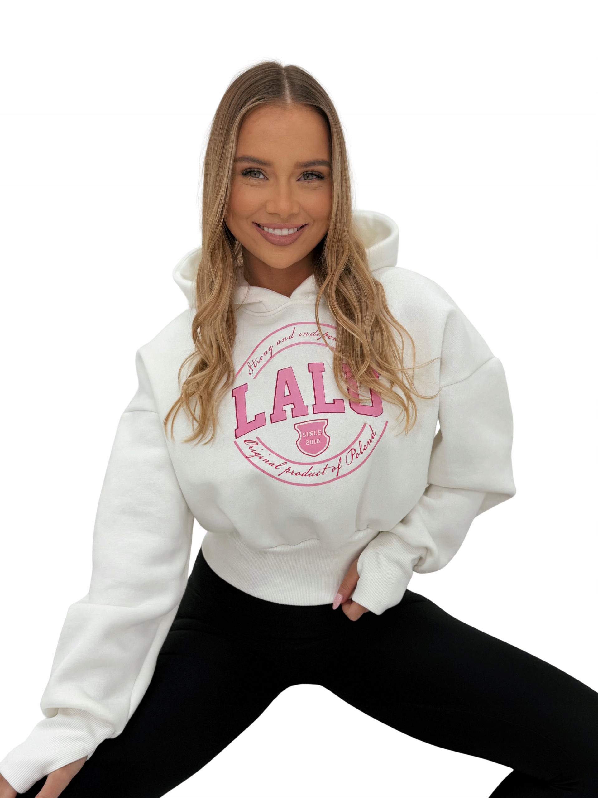 Mikina s s kapucí, krátký potisk LaLu, bílá, M/L