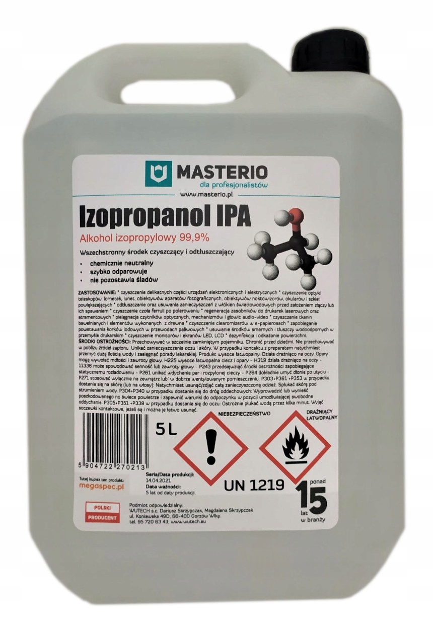 

Alkohol Izopropylowy Czysty Izopropanol Ipa 99% 5L