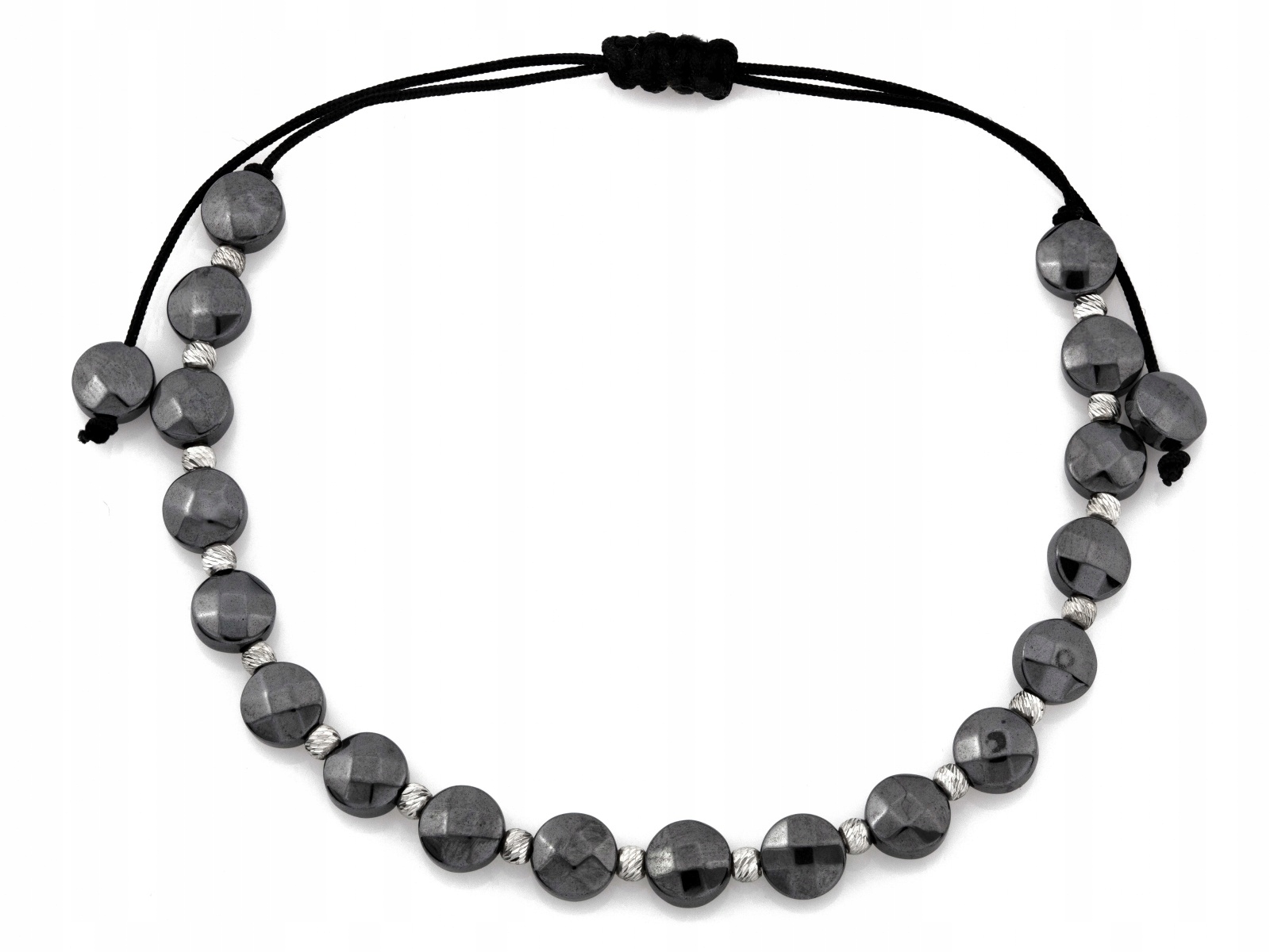 Dámský náramek ze stříbra 925 na černém provázku s černými kameny