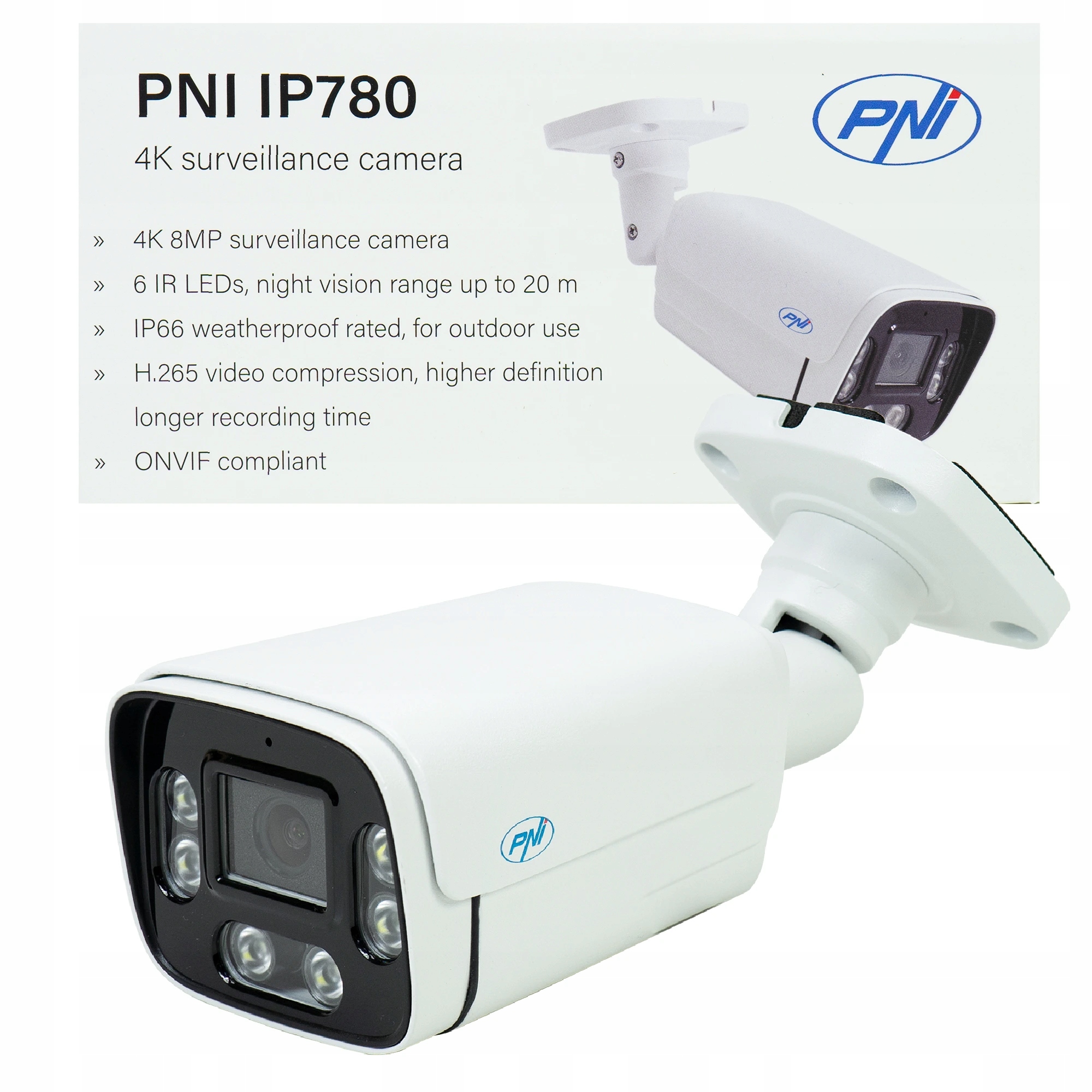 Video monitorovacia kamera Pni IP780, 8MP, 4K, Ip, 6 Ir Led, IP66, biela