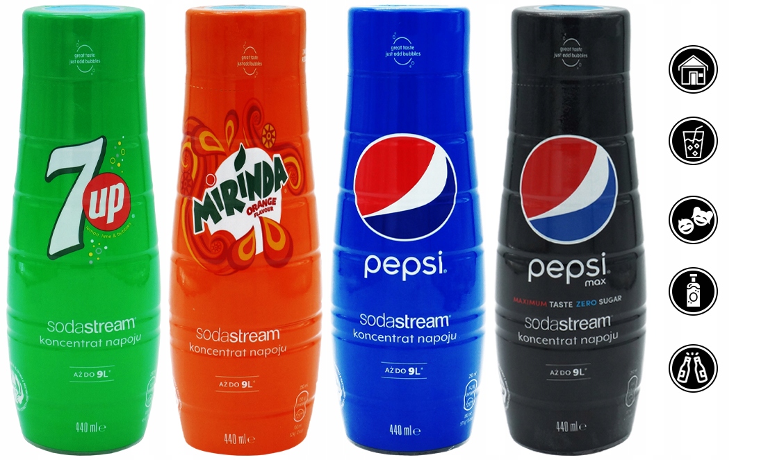 4x SYROP SODASTREAM KONCENTRAT 7UP MIRINDA PEPSI / MAX 9L NAPOJU z 440ml Stan opakowania oryginalne