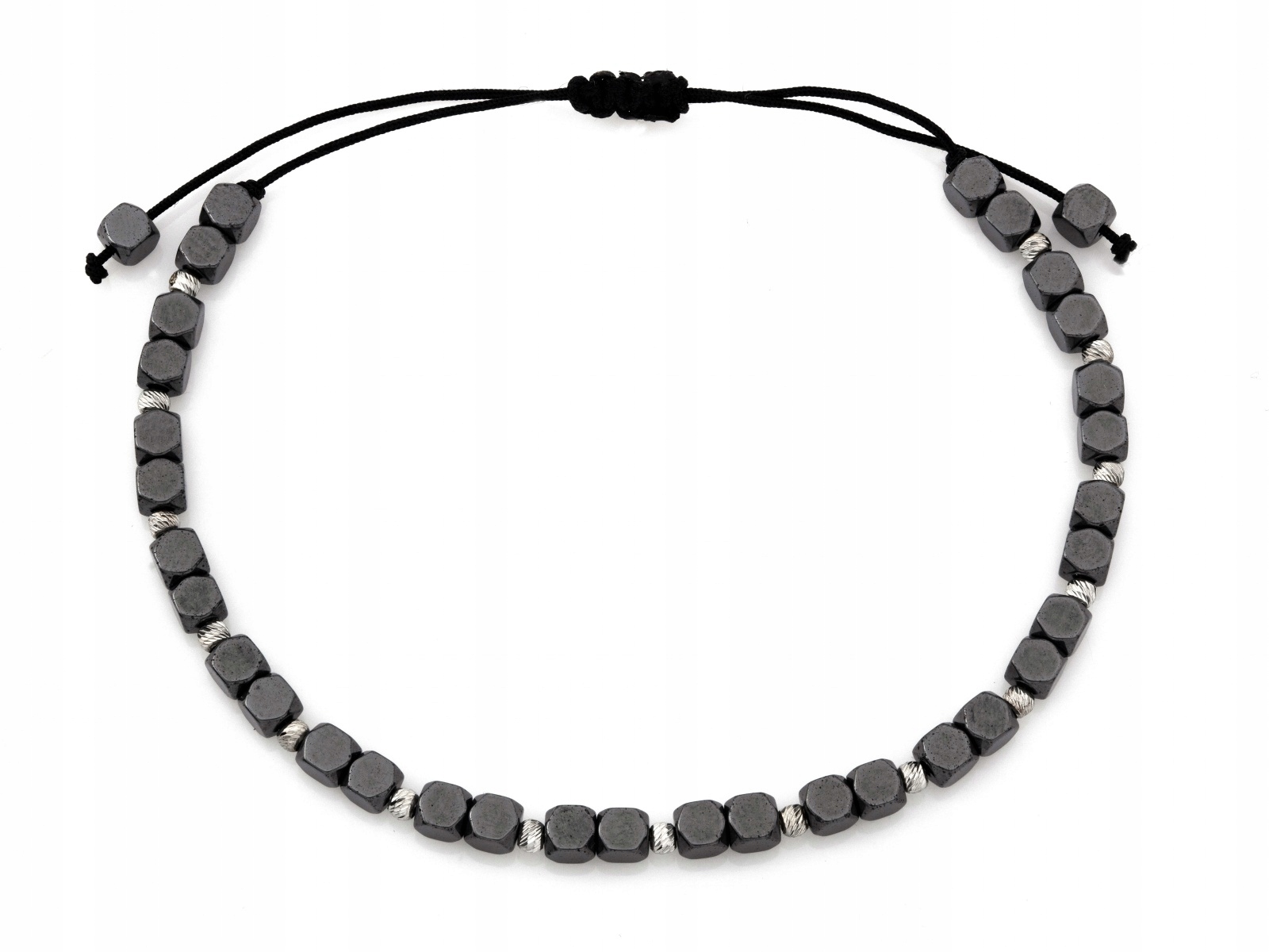 Stříbrný dámský náramek 925 Kuličky s černými kostkami na provázku, módní