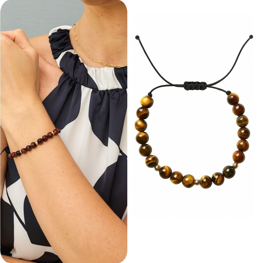 Tygří Oko Provázkový Náramek Zlaté Kuličky 585 Ochranný Bronzové Kameny