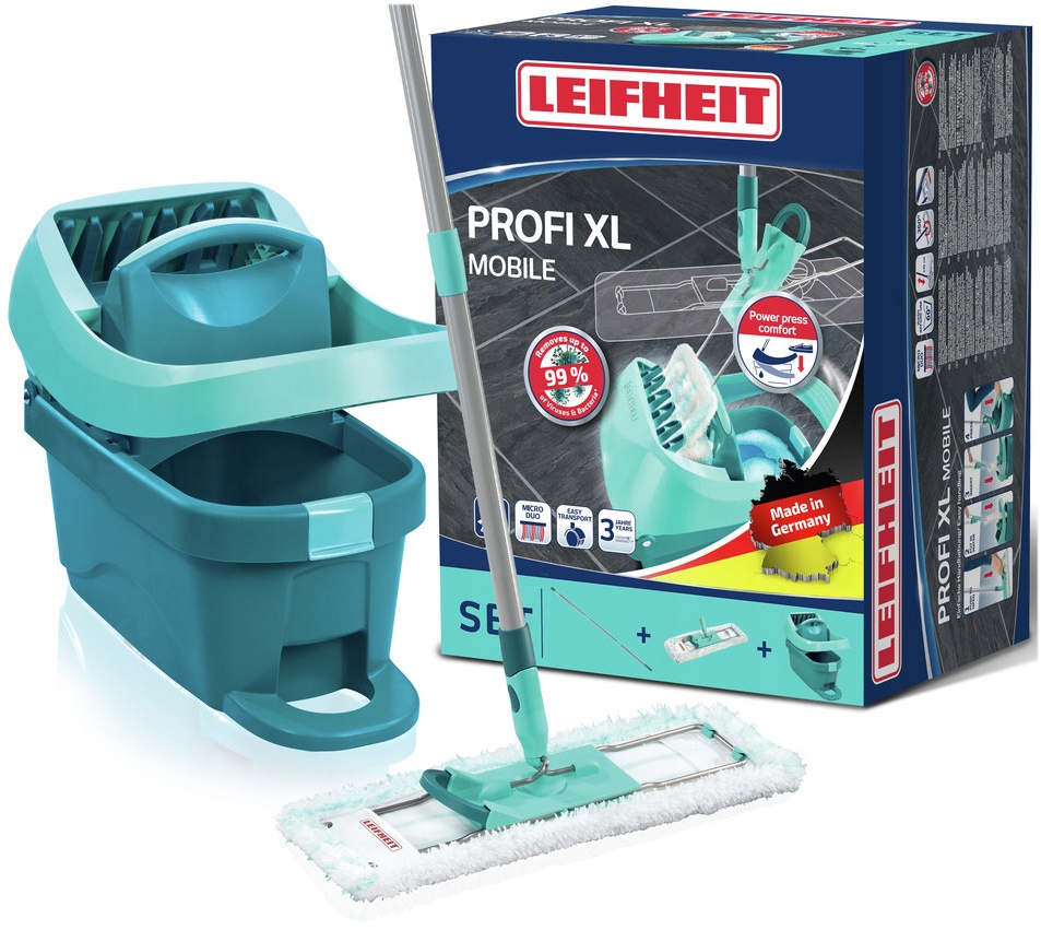 Leifheit Mop Płaski Z Wyciskaczem Kij Duże Wiadro 8L Profi 42 CM Kółka