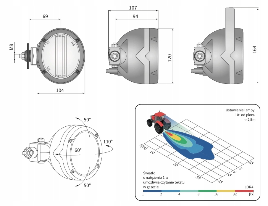lampa robocza H3 WESEM LOR4.39040 104x120mm Producent części Wesem