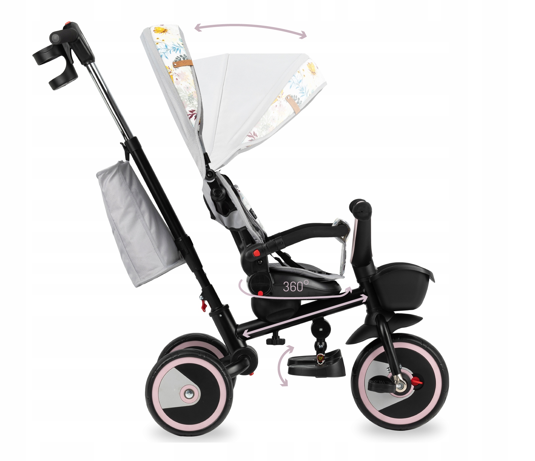 ROWEREK TRÓJKOŁOWY 5w1 - MoMi INVIDIA SZARY - KOSZ TORBA OBROTOWY 360° Kolor Szary