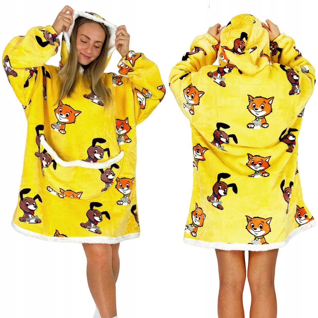 Koc Bluza Oversize Ciepła Gruba Kocobluza 2w1 XXL Pieski Kotki z kapturem