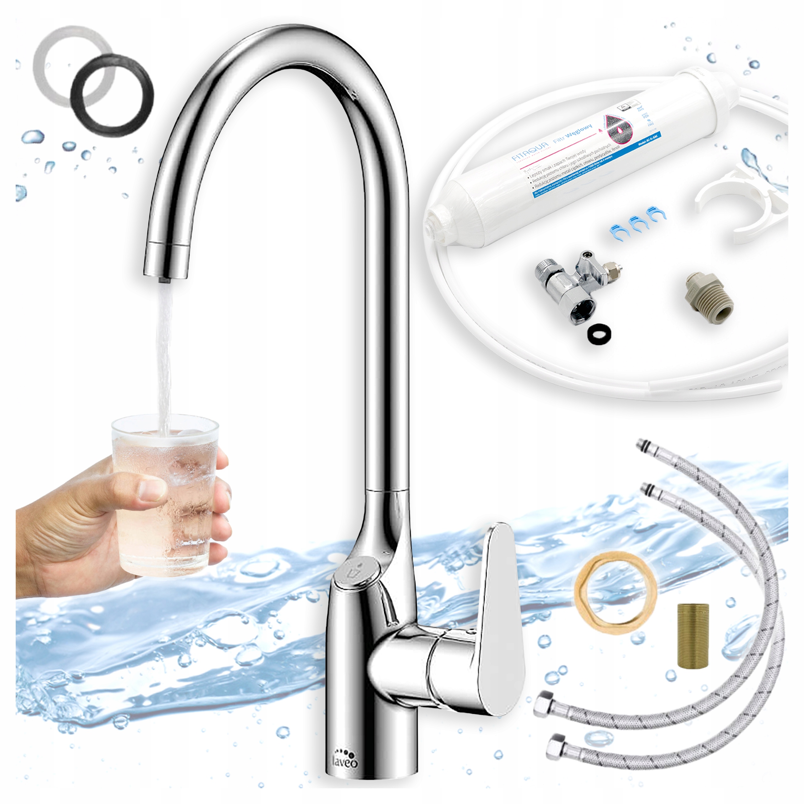 Trojcestná kuchynská batéria, strieborný kohútik s filtrom vody, filtračná sada