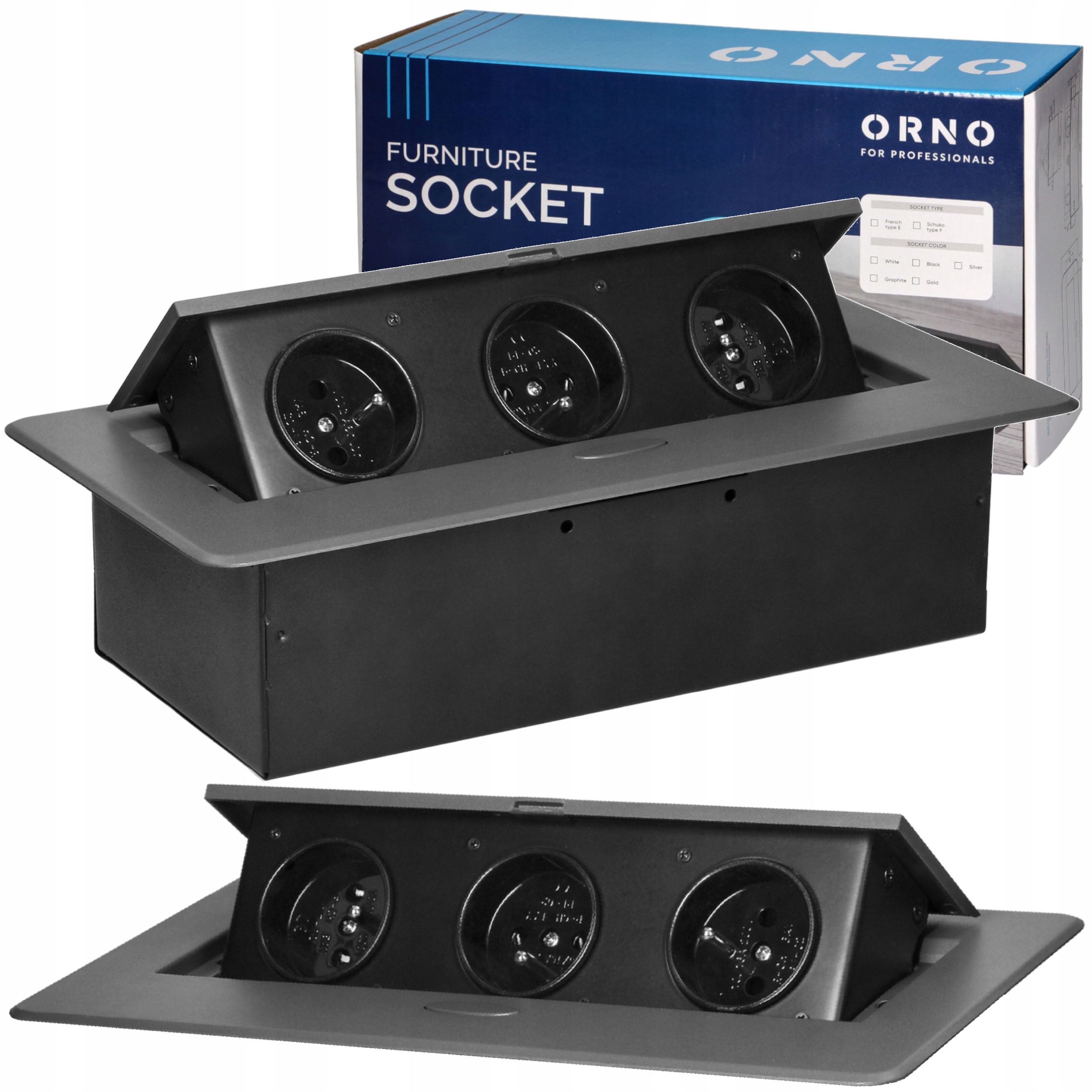 Gniazdo Wpuszczane Chowane w Blat Nablatowe Potrójne Gniazdko Grafitowe