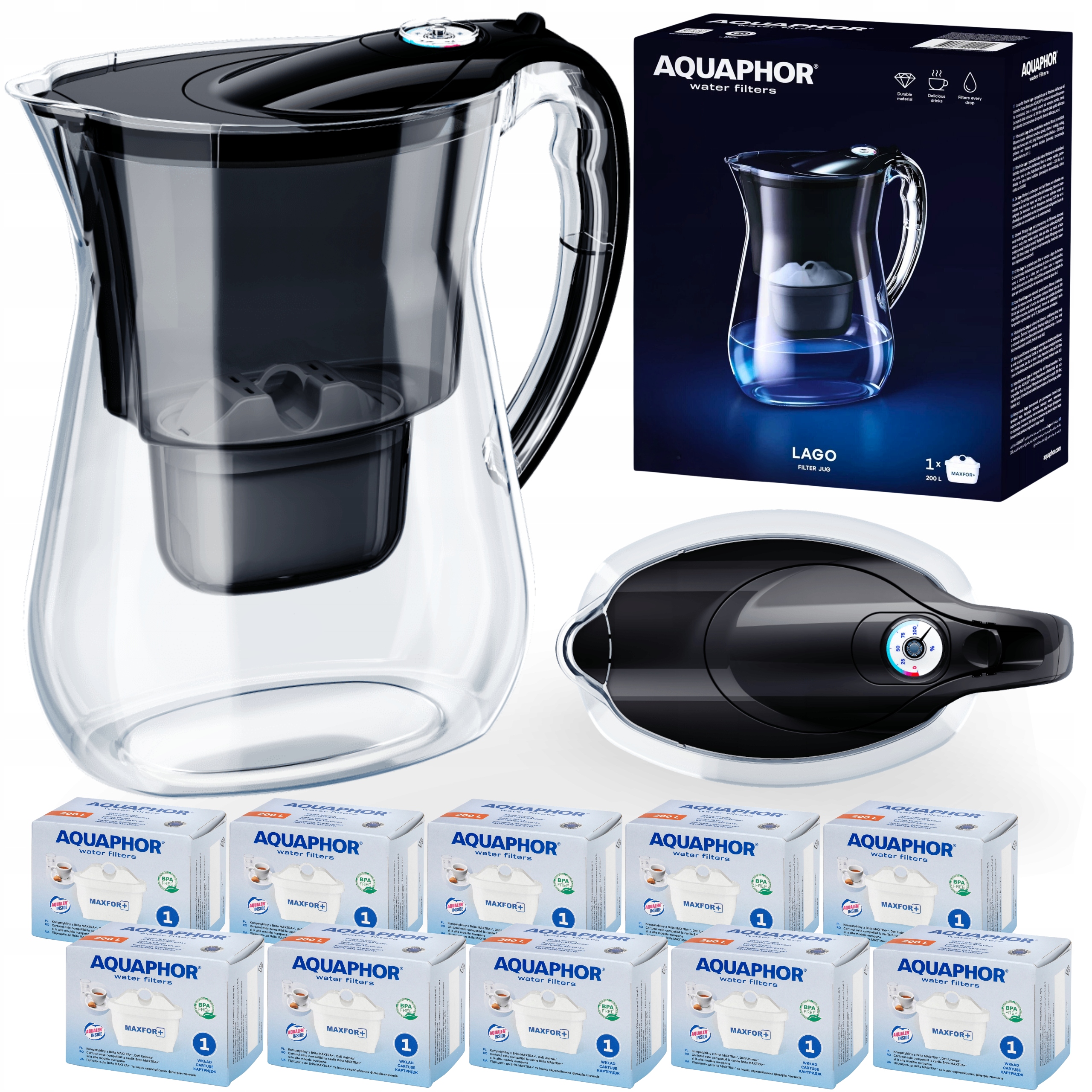 Filtrační konvice na vodu Aquaphor Lago černá 3.8L, 10 náplní Maxfor+