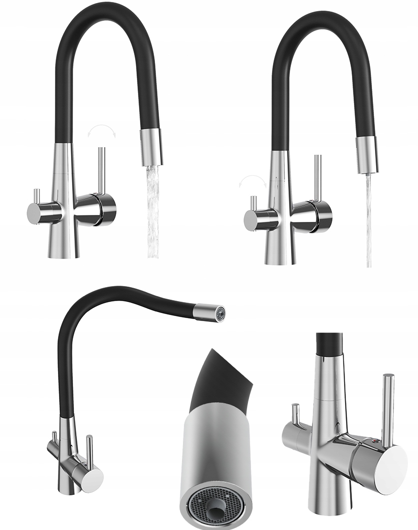 Kuchyňská baterie třícestná, flexibilní kohoutek pro vodní filtr, chrom Fluo