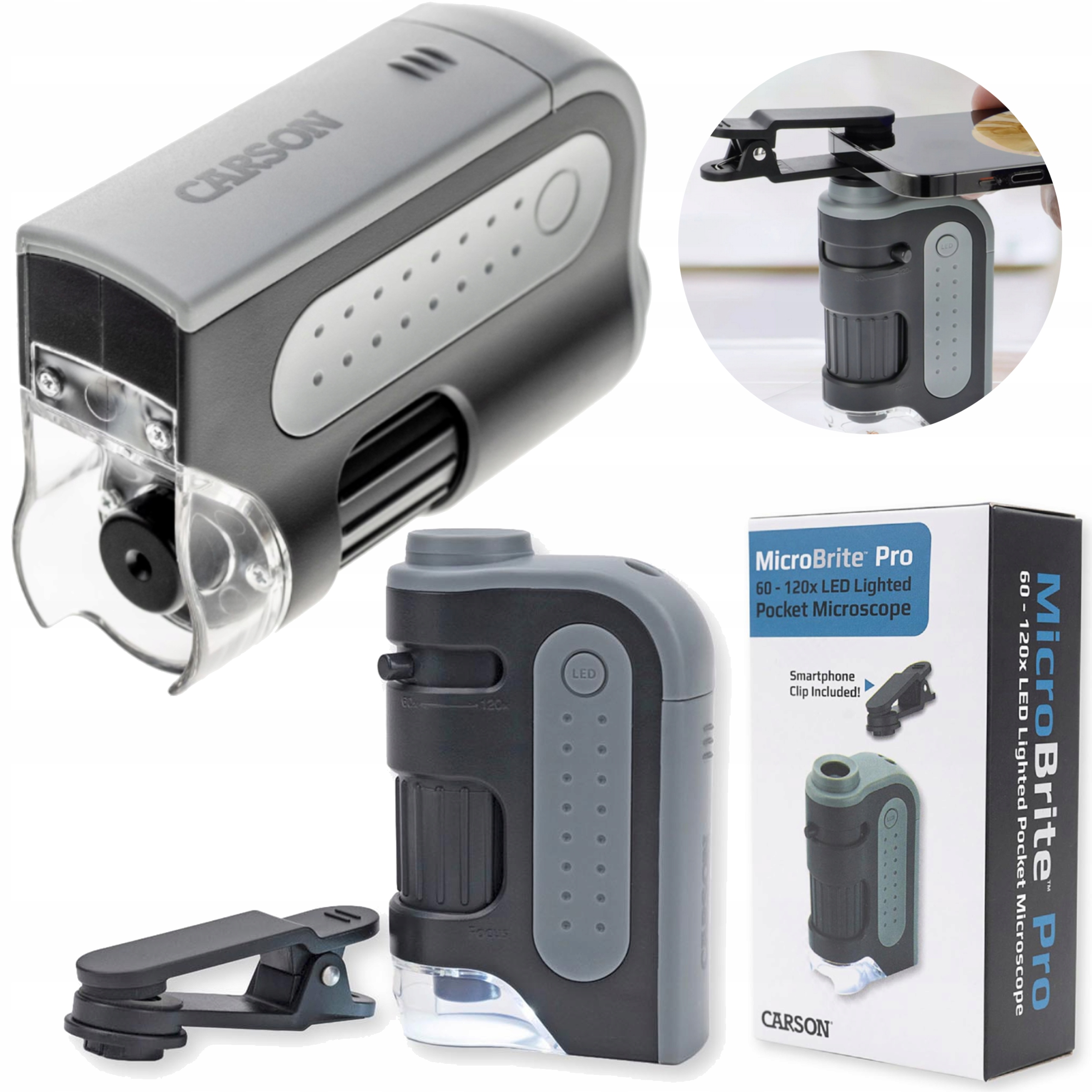 Mikroskop kieszonkowy Carson MicroBrite Pro Led 60-120x klips do smartfona
