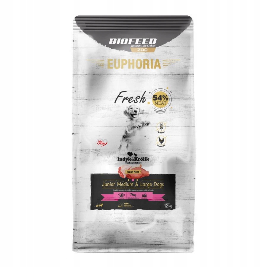 Euphoria Fresh Karma sucha dla szczeniąt Indyk Królik Rozmiar M/L 12KG